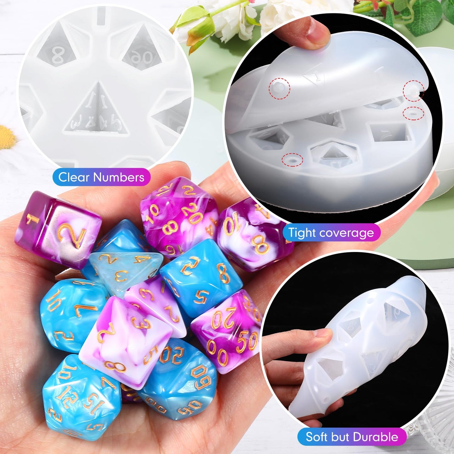WILLBOND 8 Pcs Dice Resin Molds Silicone for Epoxy Resin Casting with 7 Standard Stereoscopic Cavities, Food Grade Silicone Molds for DIY Dices Making, Table Board Game