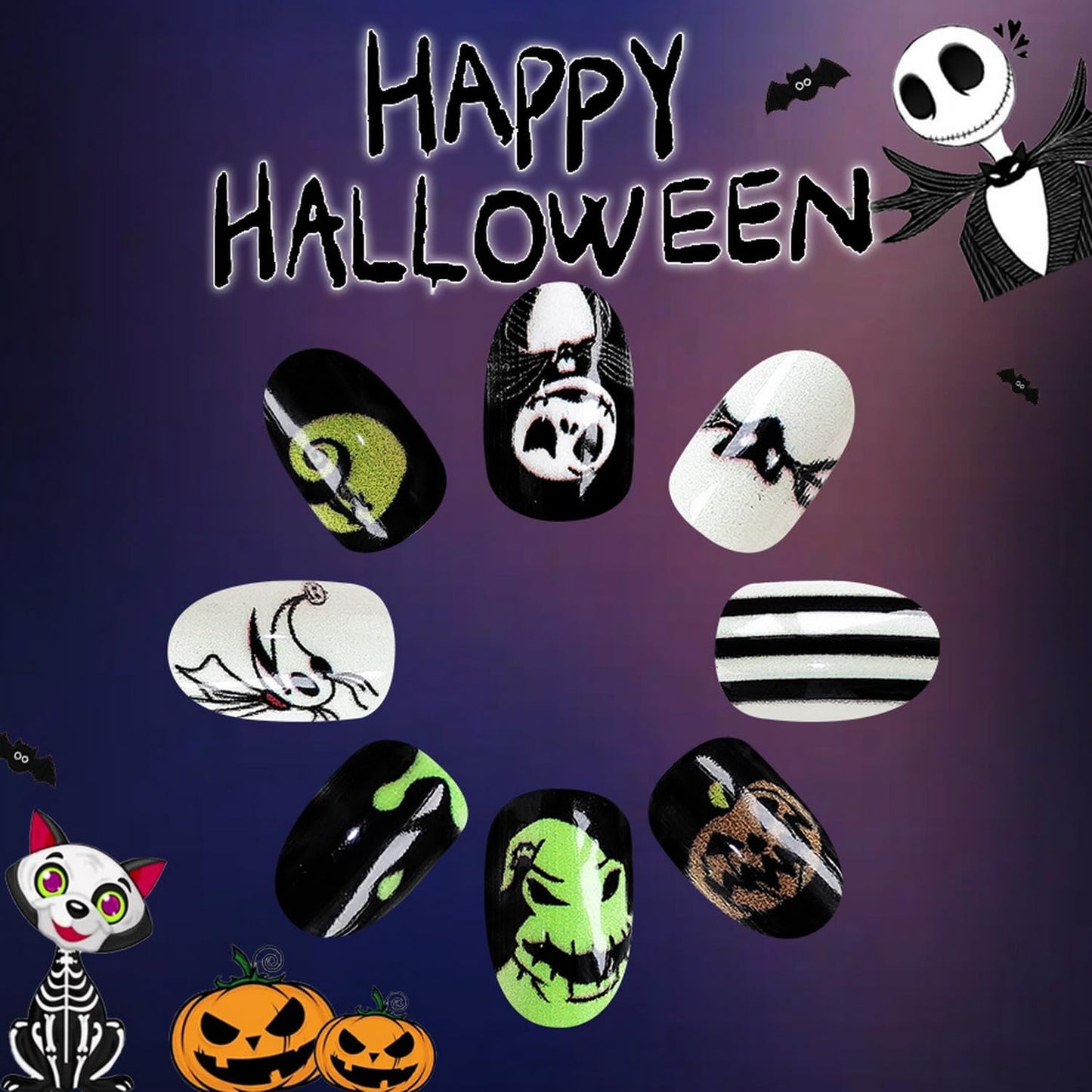 Halloween Press on Nails Short Almond Fake Nails with Skeleton Bat Pumpkin designs Spooky Nails Glossy Stick on Nails Black White Stripe False Nails Glue on Nails for Women Halloween Press ones 24pcs