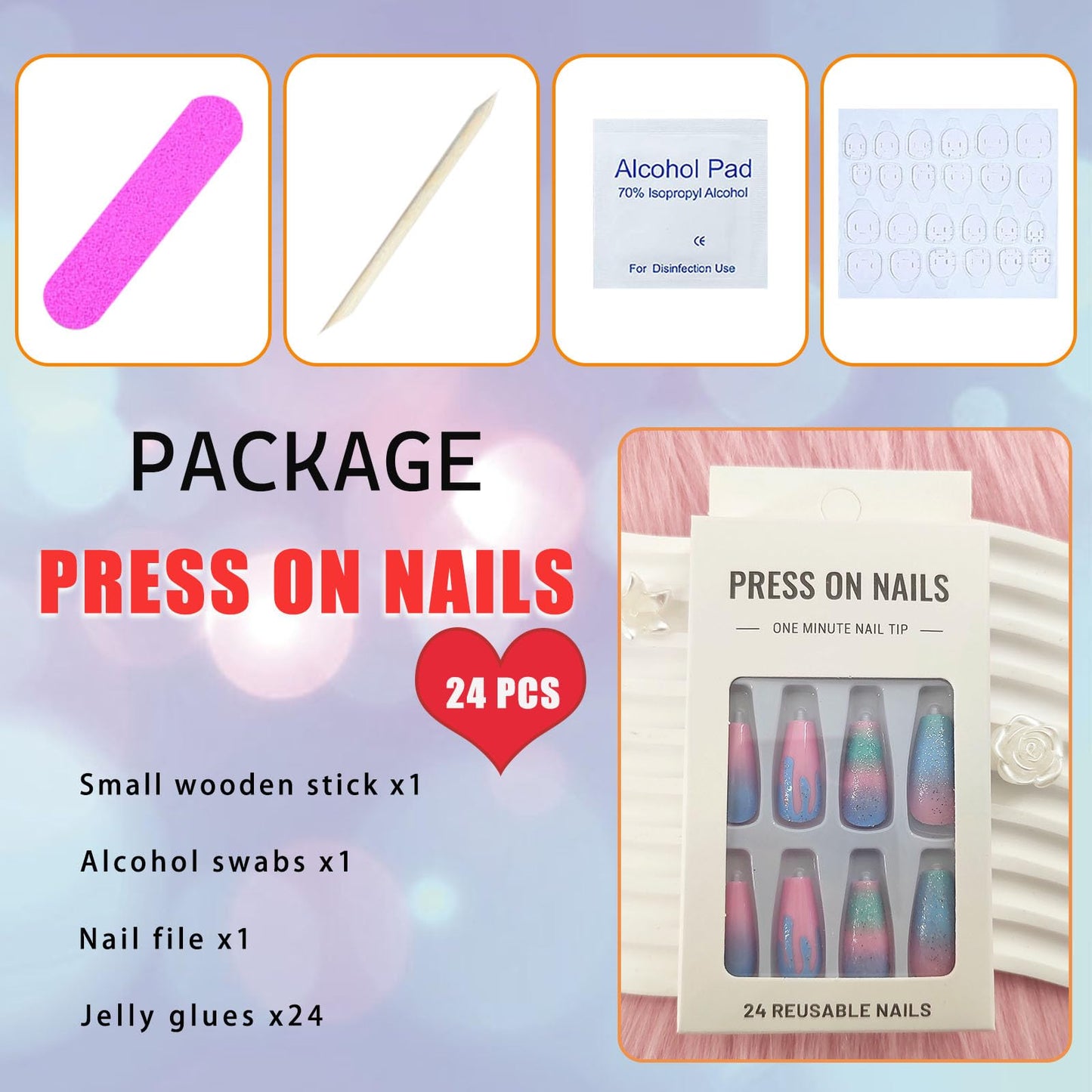 Press on Nails Medium Coffin Fake Nails with Glue Macaron Color Gradient Designs Cute Glue on Nails Medium Length Acrylic Nails Press ons Glitter False Nails for Women 24 Pcs