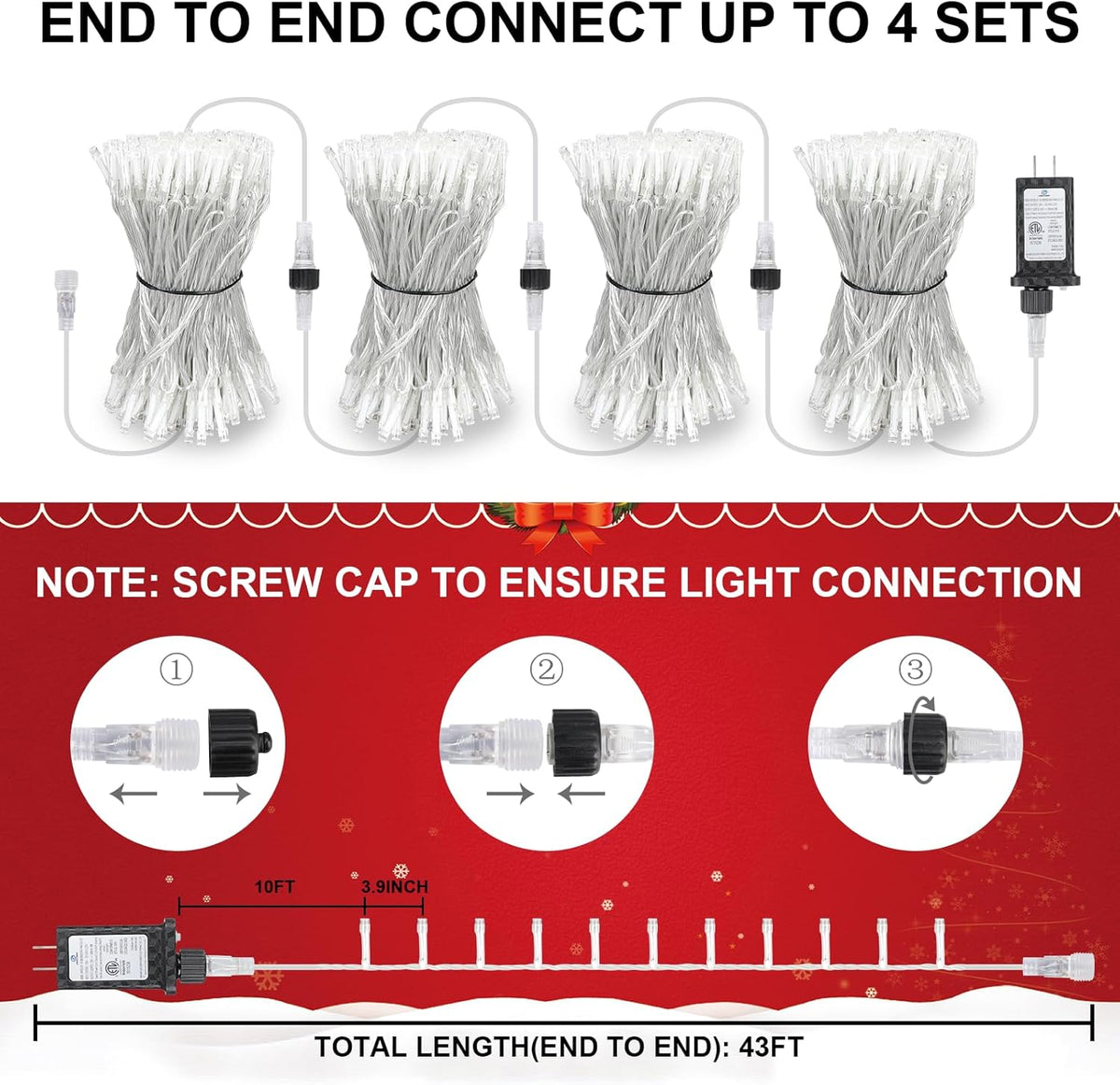 33FT 100LED Christmas Lights Plug in,Connectable Fairy Lights with Plug/Timer/8 Modes, Christmas Tree Lights Lighting Outdoor Indoor Garden Party Wedding Christmas Tree Decoration(Cool White)