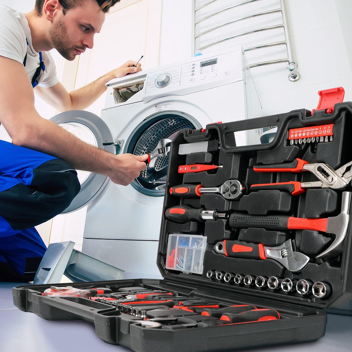 Yougfin 120 Piece Basic Tool Set General Household Hand Kit with Plastic Toolbox Storage Case Red & Black for Men &Women