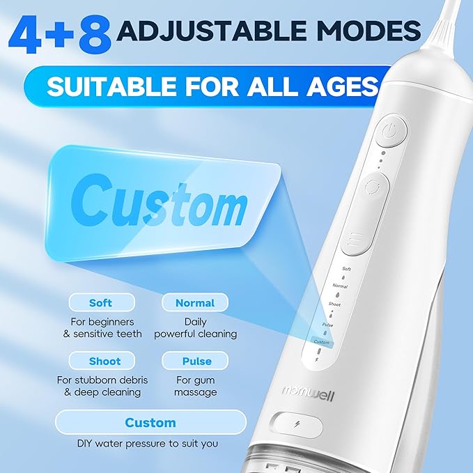 Mornwell Water Dental Flosser Cordless for Teeth Cleaning, 5 Modes Waterproof Oral Irrigator, 300ML Rechargeable Gum Braces Flossers Cleaner, Portable Electric Flossing Machine for Travel Home (White)