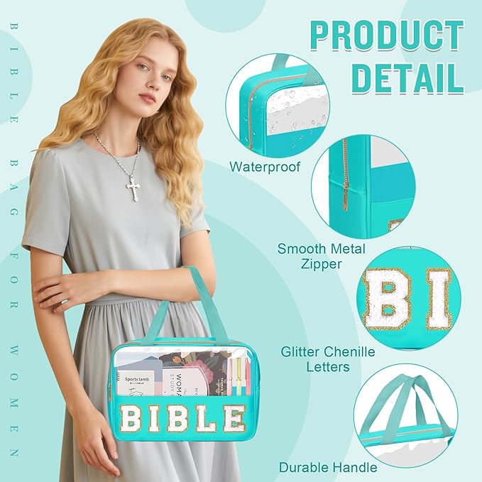 Chenille Letter Bible Bag Case for Girls,Large Study Supplies Church Bag Cover Purse Fits All Bibles,Cute Preppy Christian Tote with Handle Zipper Bible Accessories Gifts for Women(BIBLE-Green)