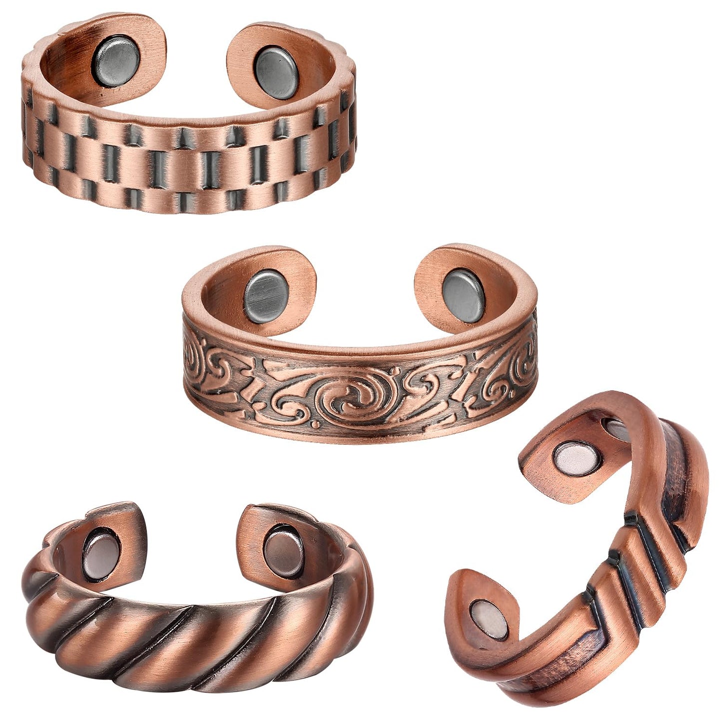 Fashtour 4 Copper Rings for Men, 99.9% Pure Copper Magnetic Rings, Vintage Pattern Adjustable Cuff Ring