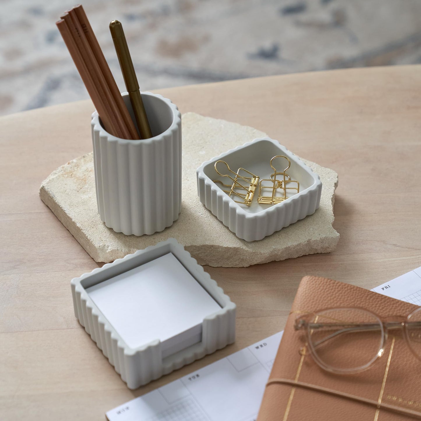 KIBAGA Modern Aesthetic Desk Accessories Set of 3 - Stylish Concrete Organizers for Pens & Office Supplies - A Cute and Functional Addition to Your Workspace Decor