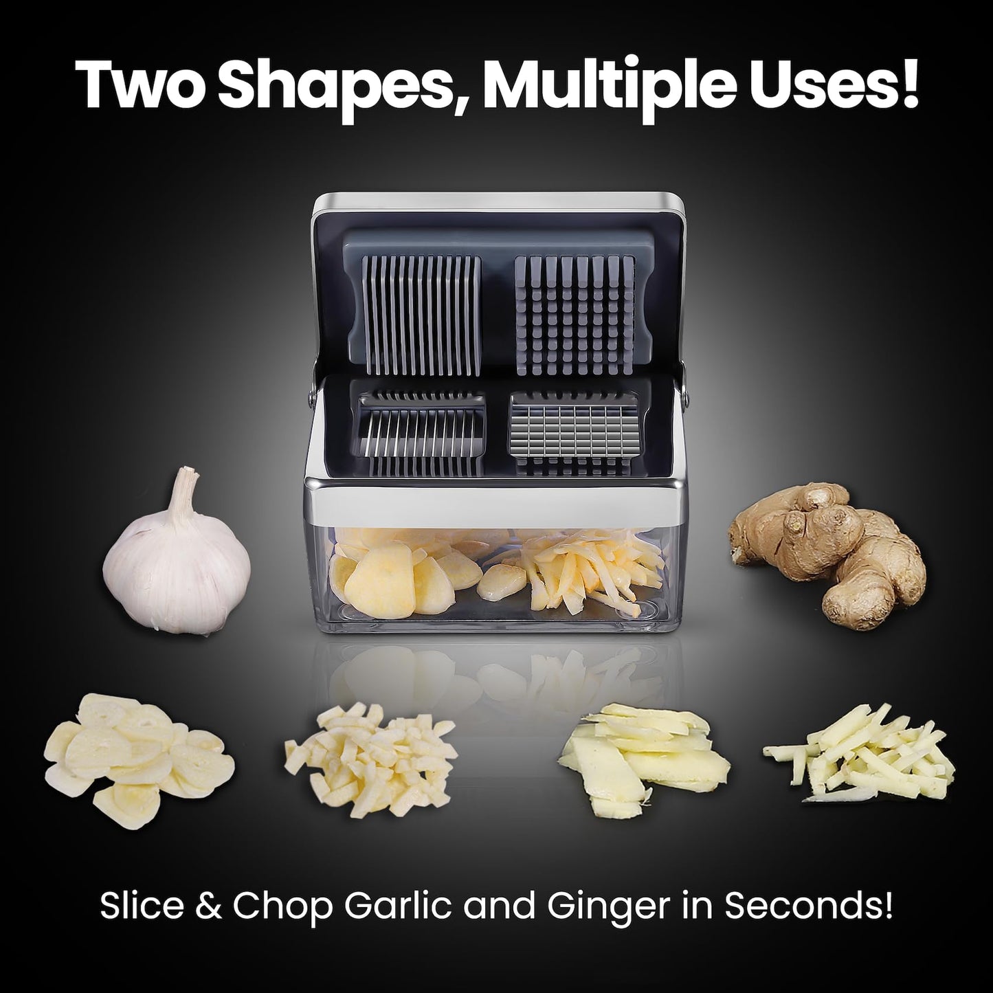 Garlic Press Stainless Steel, Garlic Chopper Mini & Slicer Super Thin 2 in 1, Odor Free Ginger Dicer with Storage Container, Dishwasher Safe Mini Chopper, Premium Mincer with 5 Year Warranty