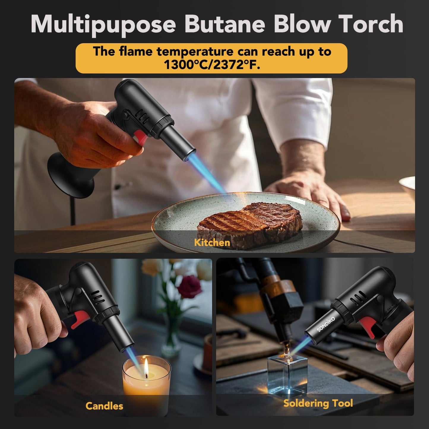 Sondiko Butane Torch Lighter with Visible Fuel Window, Refillable Soldering Torch with Adjustable Flame for Welding, Resin Art, Industrial(Butane Gas Not Included)