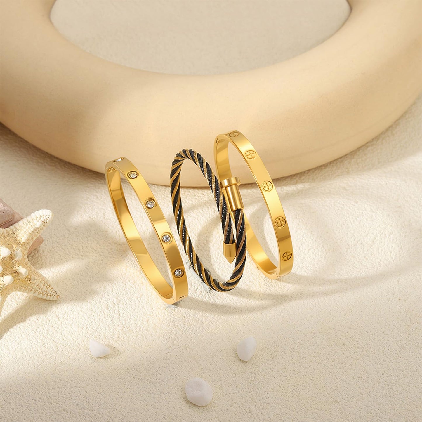Camhanno Gold Bracelets for Women - Stackable Bangles with Friendship & Love Theme - Stainless Steel Jewelry Gift for Her (Style 11)