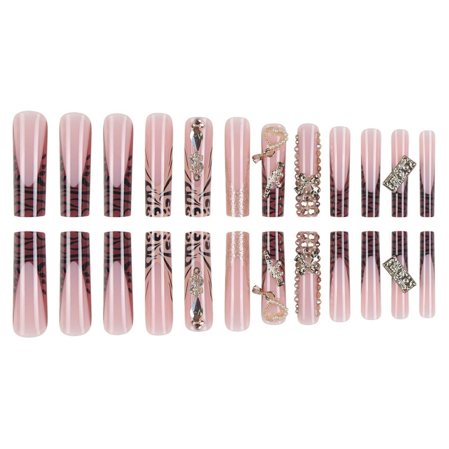 Square Press on Nails Long Fake Nails XL False Nails Extra Long French Tip Glue on Nails Brown Artificial Nails with Bow and Rhinestones Designs Stick on Nails for Women 24pcs