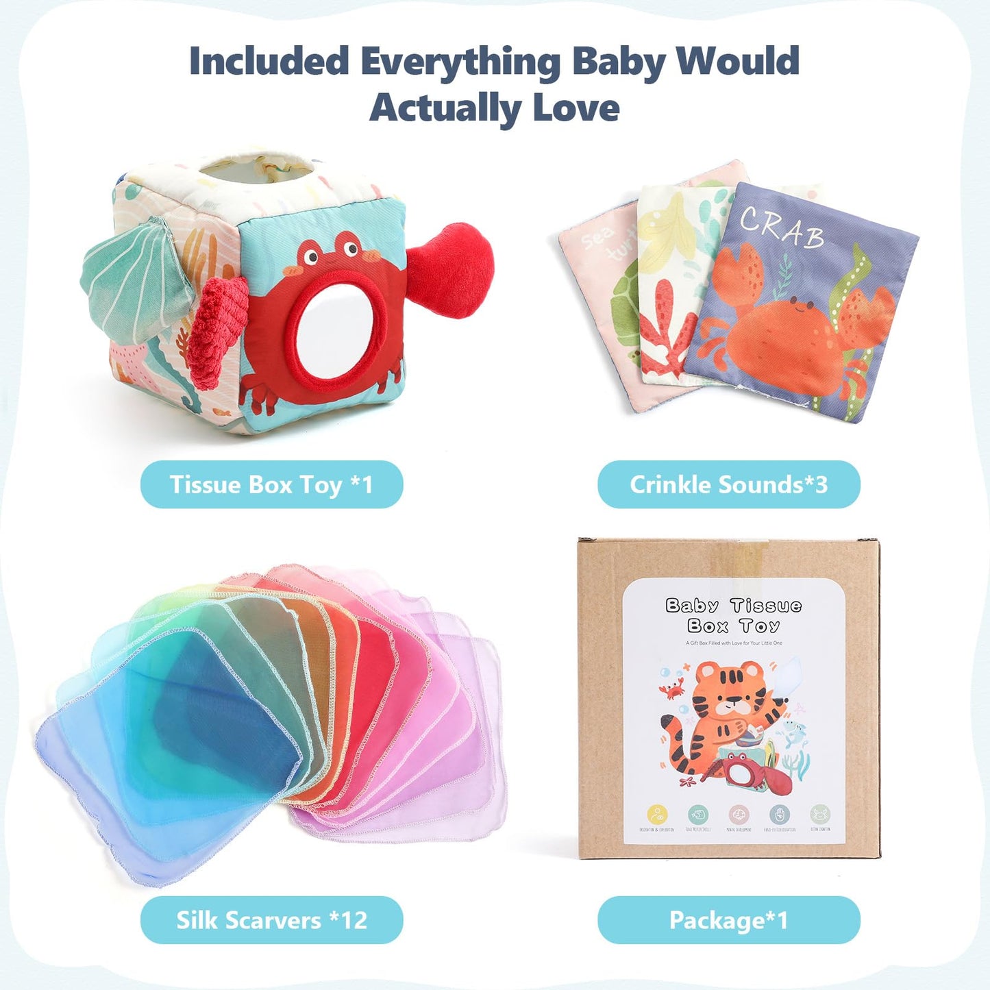 Soft Fabric Tissue Box Toy for 6-12 Months Baby - Sensory Development Toy for Tummy Time, Crinkle Paper & Safety Mirror (Infant Sensory Toy)