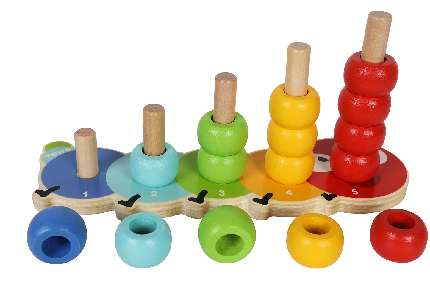 TOWO Wooden Stacking Rings Baby –Lovely Caterpillar Counting Game - Colour Sorting Puzzle - 5 Pegs Ring Stacker - Counting Rings Early Learning Wooden Toys for 1 Year Old Gift First Birthday Boy Girl