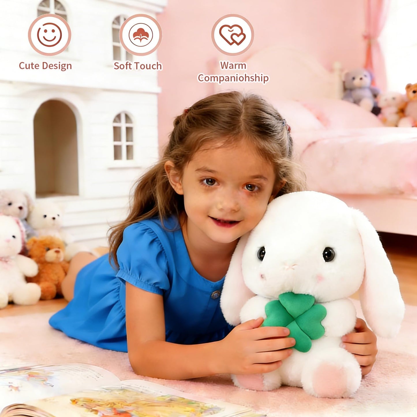 HOUPU Soft Toy - Sitting Lop Eared Rabbit, Easter White Rabbit Stuffed Bunny Animal with Carrot Soft Lovely Realistic Long-Eared Standing Pink Plush Toys (White-Four Leaf,16.9in/43cm)