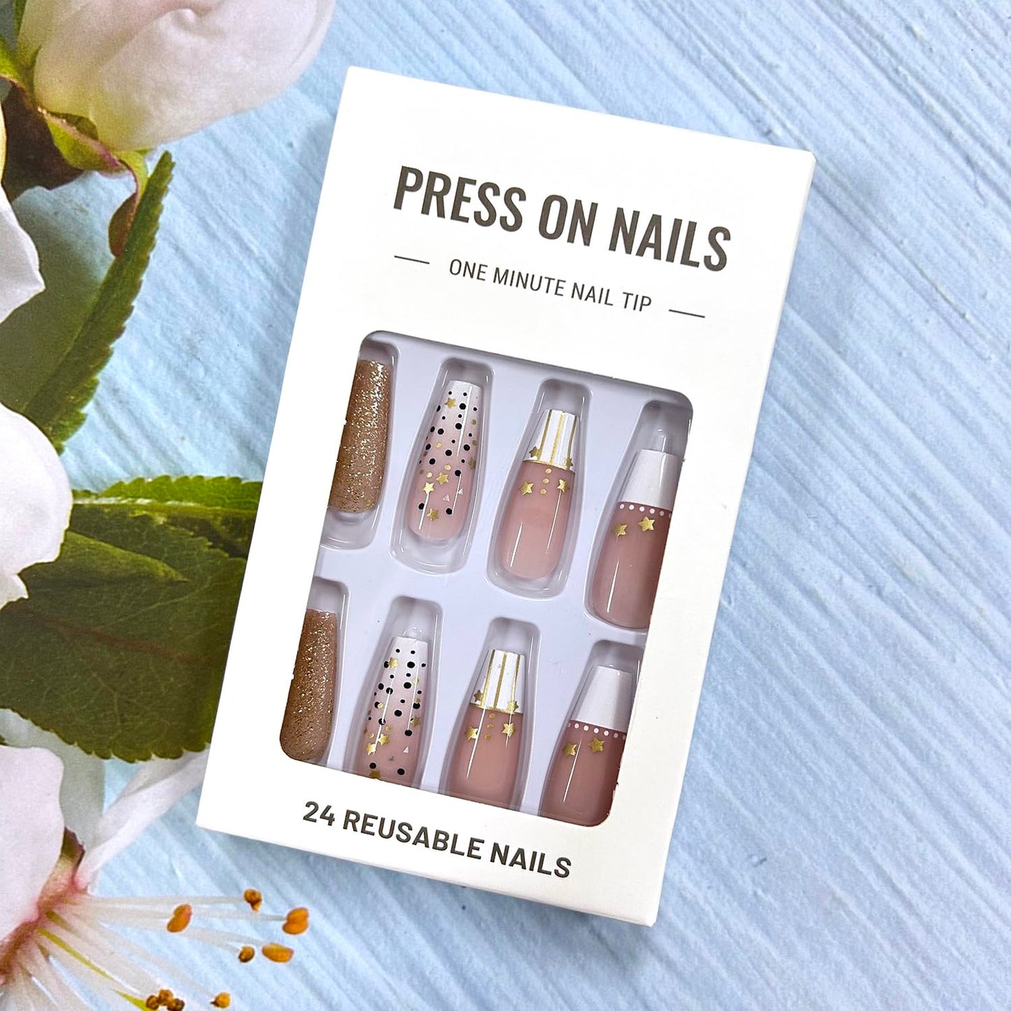 Press on Nails Medium Square False Nails French Stick Ons With Gold Glitter Stars Design Acrylic Coffin Nails Full Cover Reusable Artificial Glossy Press Ons For Women