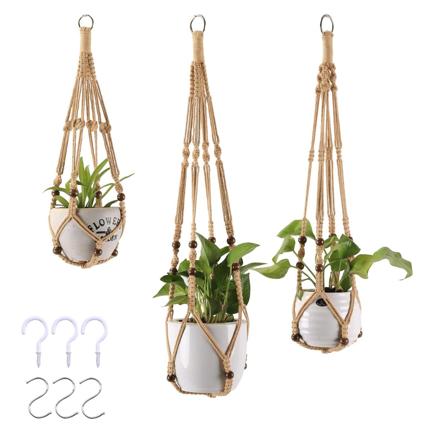 MKO SHUN 3-Pack Macrame Plant Hanger Indoor - Hanging Planter Basket for Indoor Outdoor - Decorative Boho Plant Holders Set with Beads - Ceiling Flower Pot Holder with 6 Hooks - 35"/30"/24" Linen
