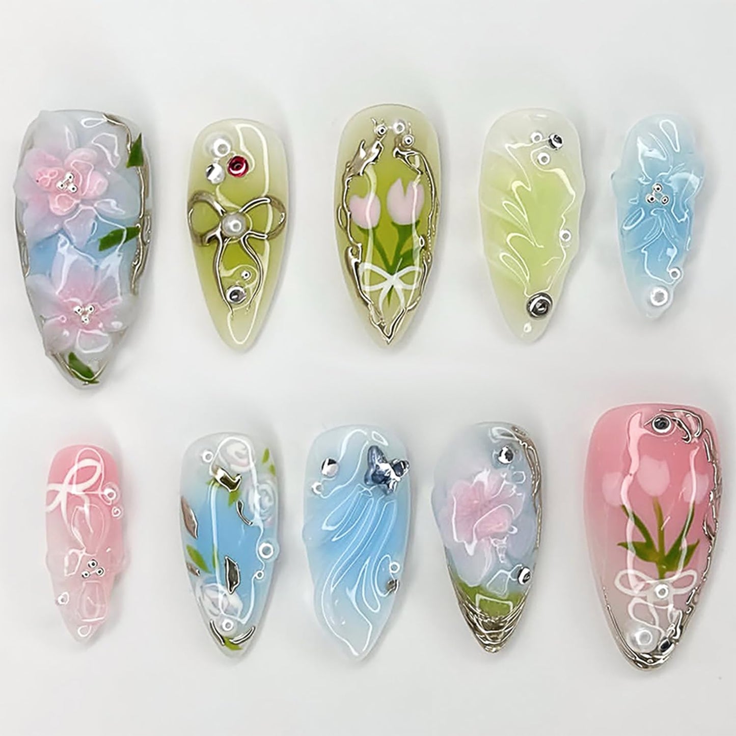 30Pcs Spring Flower Press on Nails Medium Almond Fake Nails Silver Butterfly 3D Pearl Design Gilding Bow False Nails Full Cover Artificial Glue on Nails Cute Stick on Nails for Women Acrylic Set