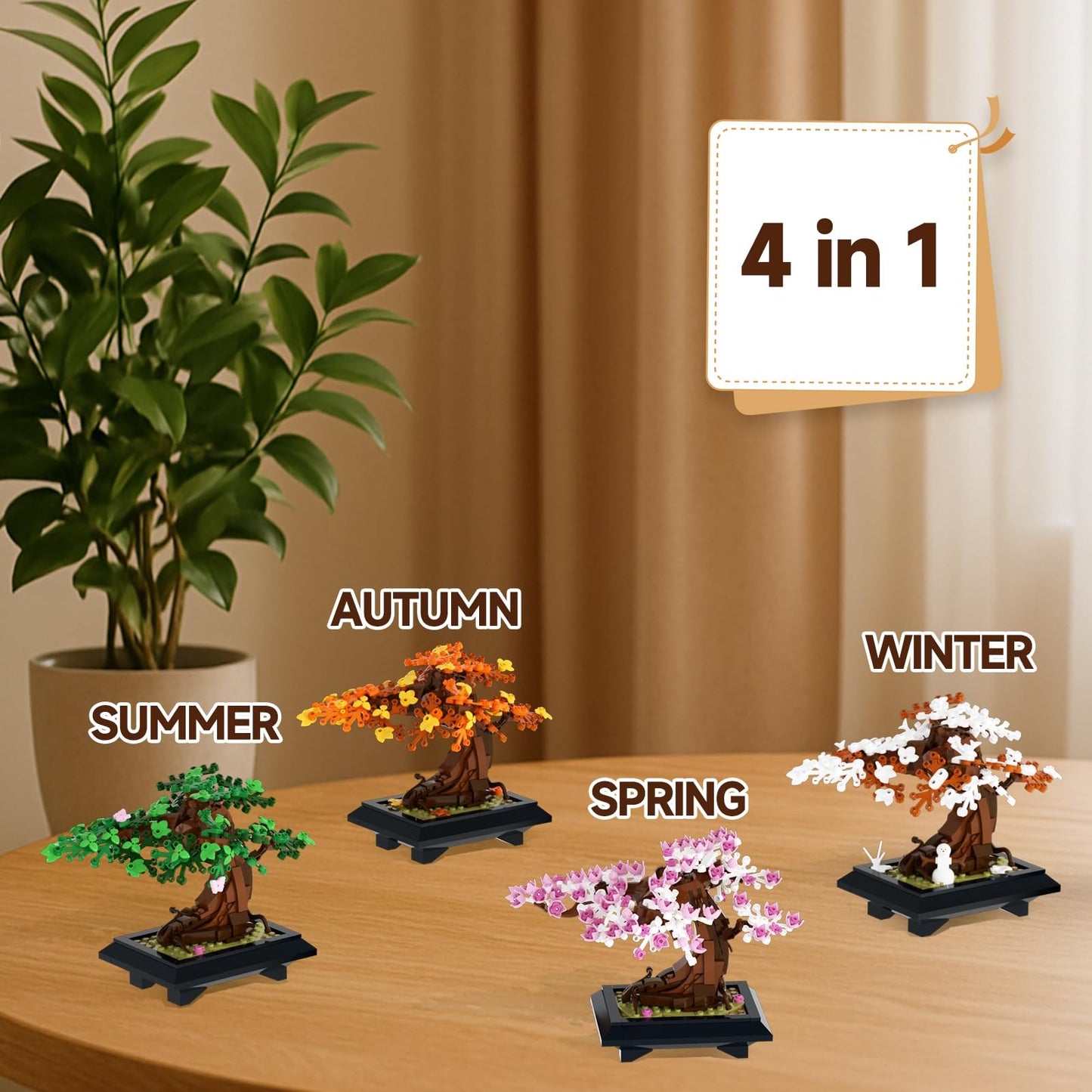 PDQAZIR 4 in 1 Bonsai Tree Building Blocks Set, 529PCS Nature Plant Model with Changeable Seasons, Creative Botanical Construction Kit for Home Décor, STEM Educational Toy Gift for Adults