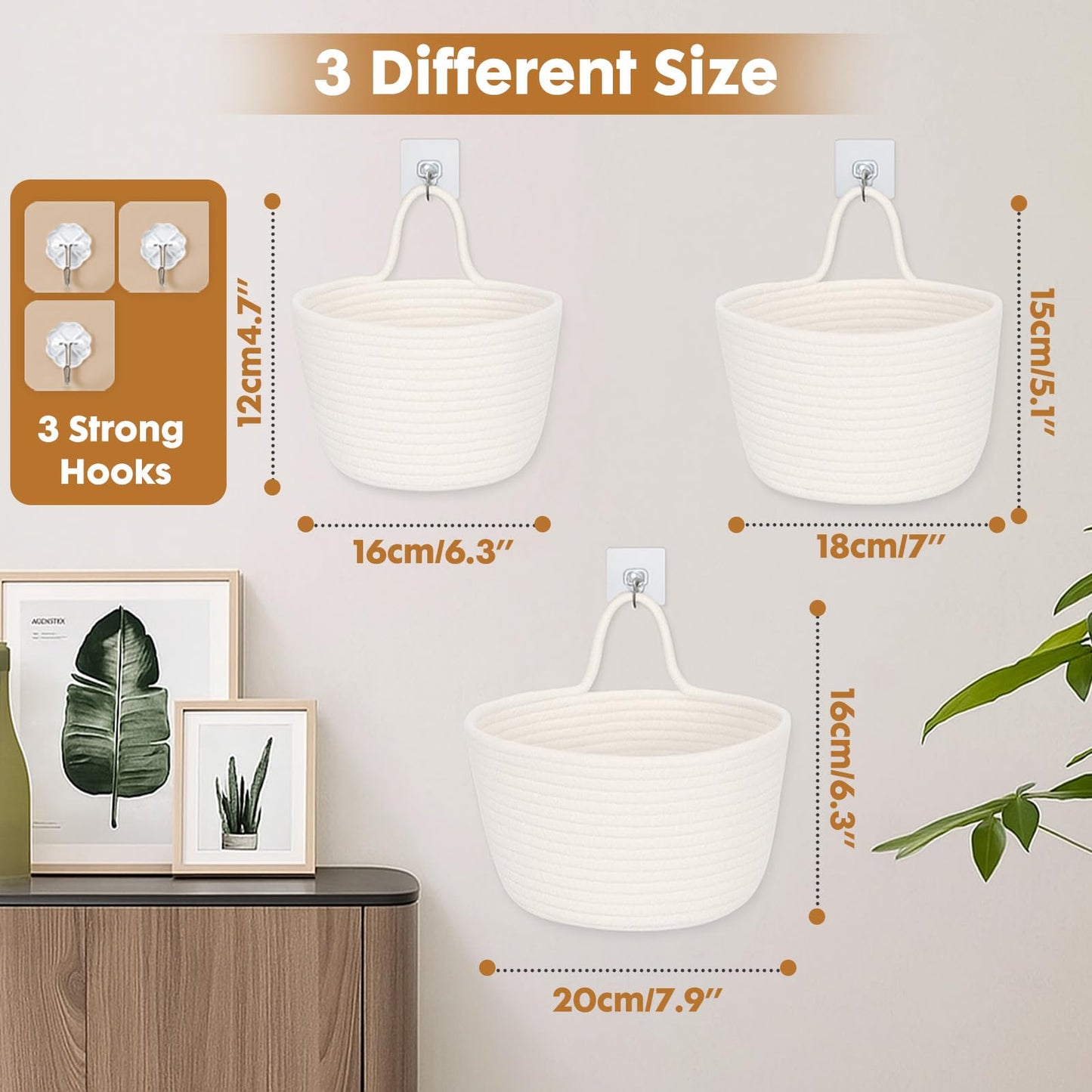 ShellKingdom Hanging Baskets, 3Pack Woven Wall Mounted Storage Basket with 3 Pcs Hooks, Boho Pouchs Bag Organizers for Home Office Living Room Bathroom Door Wall Decoration Caddy Bins (White)