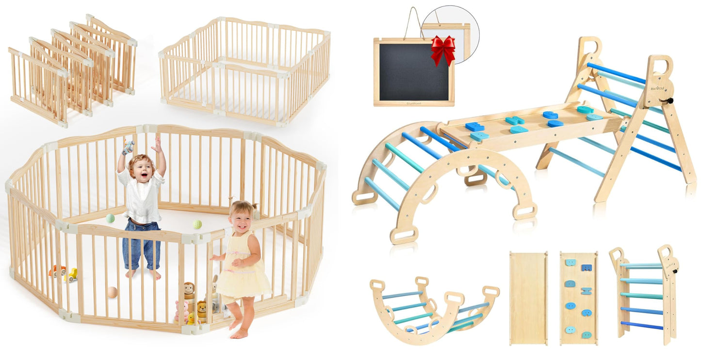 7-in-1 Foldable Wooden Toddler Climbing Toys, Foldable Wooden Playpen - Adjustable Wood Baby Play Yard