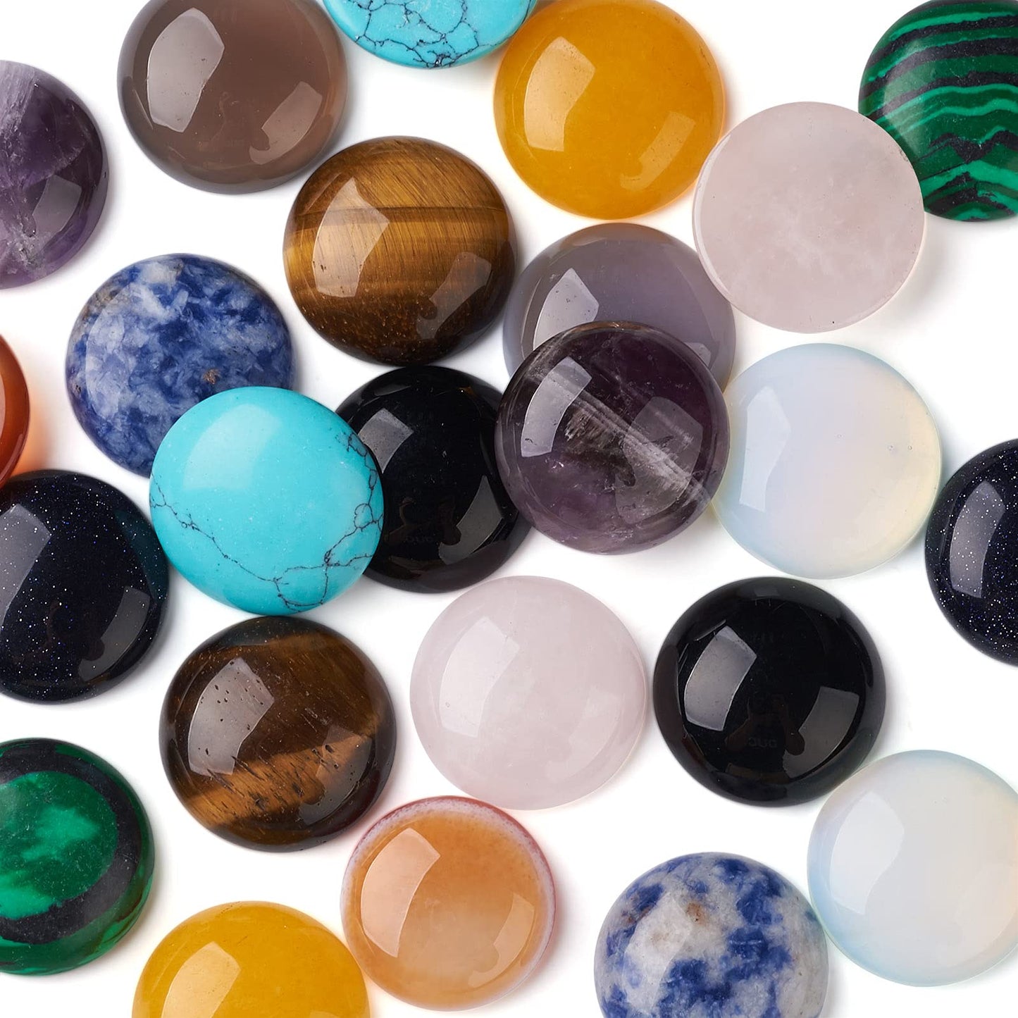 Fashewelry 24pcs 20mm Healing Crystal Gemstone Cabochons Assorted Round Flatback Natural & Synthetic Energy Stone Cab Covers No Hole for Jewelry Craft Bracelet Necklace Making