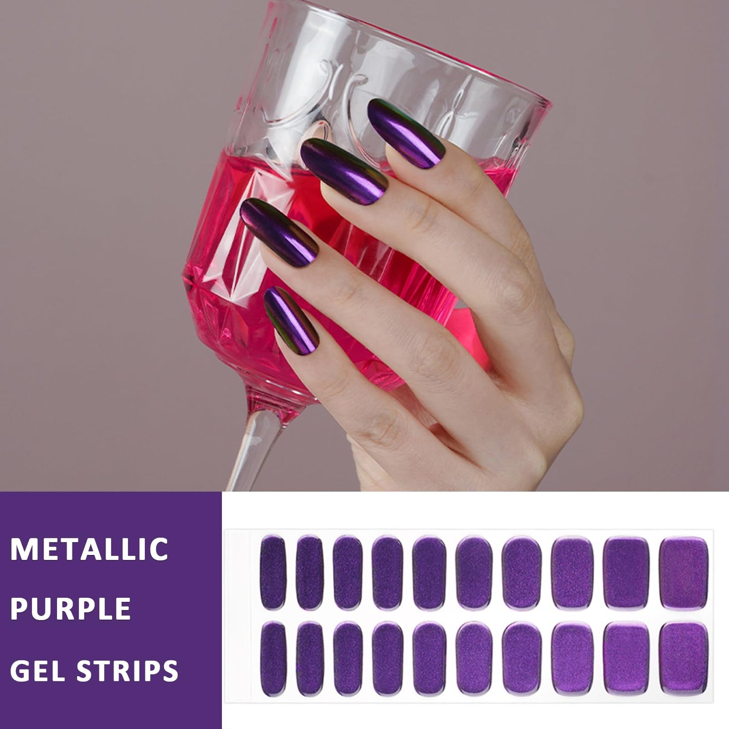 YECIRALA 2 Sheets 40 Tips Semi Cured Gel Nail Strips Kit (Magic Metallic Burgundy & Purple) Semi Cured Nail Polish Strips Stickers Chrome Metallic Effect Gel Nail Wraps with Nail File & Wooden Stick
