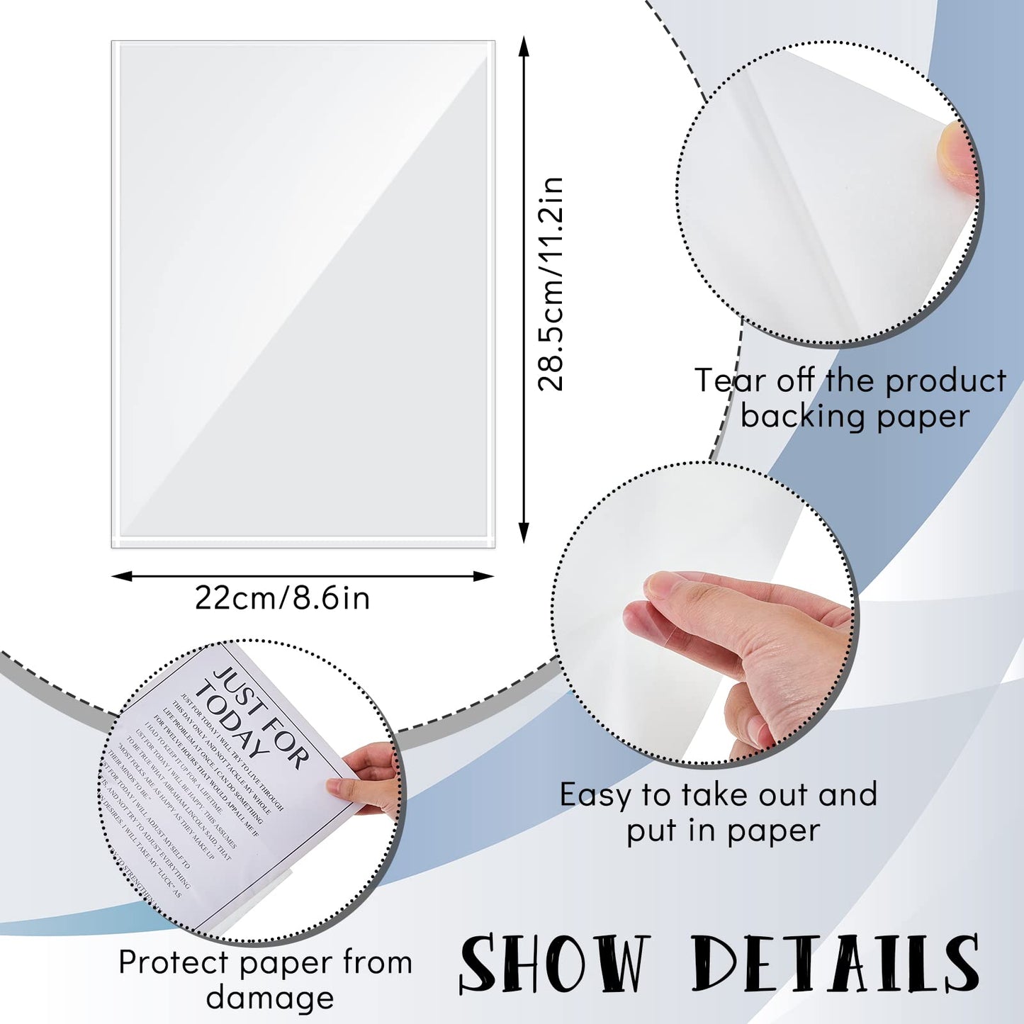 Gueevin 100 Pcs 8.5 x 11 Inch Self Adhesive Display Pockets Peel and Stick Clear Paper Sleeves Wall and Door Communication Clear Adhesive Sheet Protector Letter Size Plastic Sheet Protectors