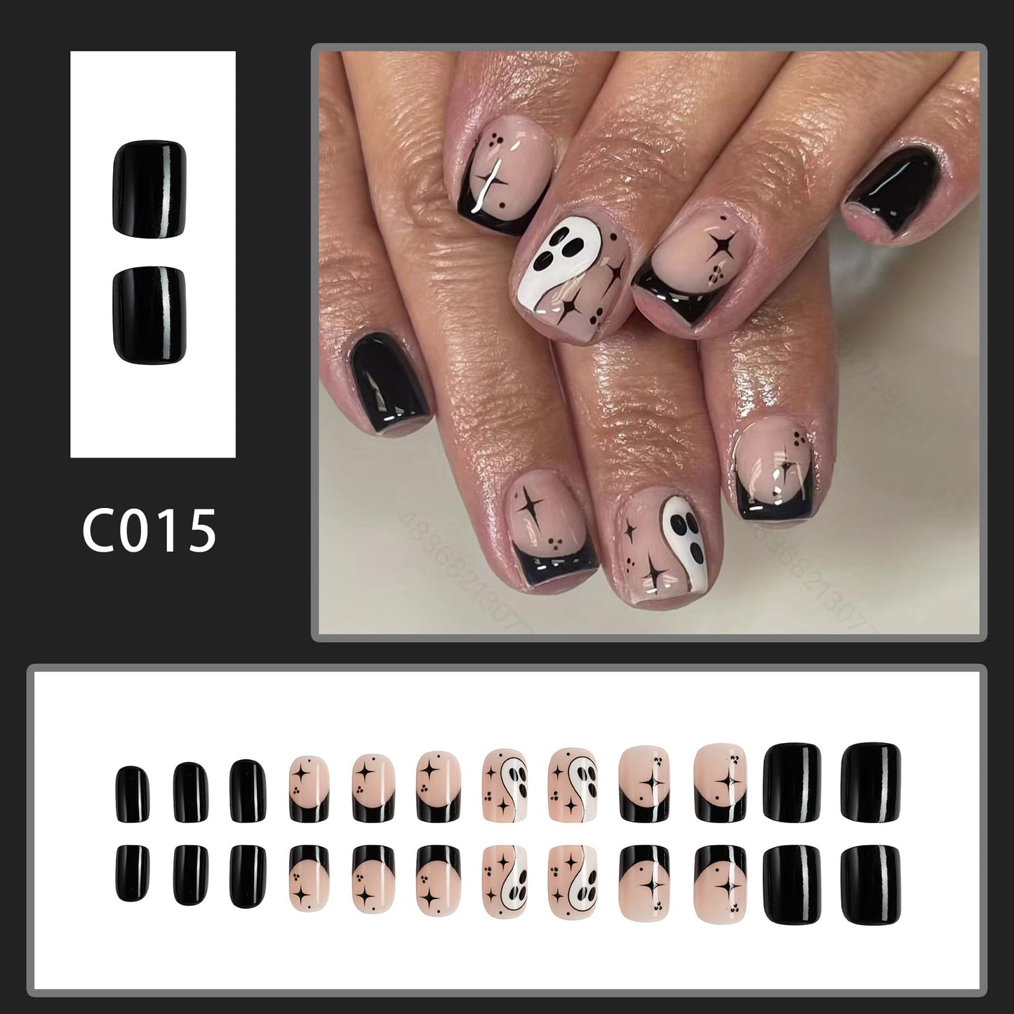 Halloween Press on Nails Black French Tips Fake Nails Short Square False Nails with Ghost Star Designs Acrylic Nails Glossy Halloween Glue on Nails for Women Girls Nails Decoration 24Pcs