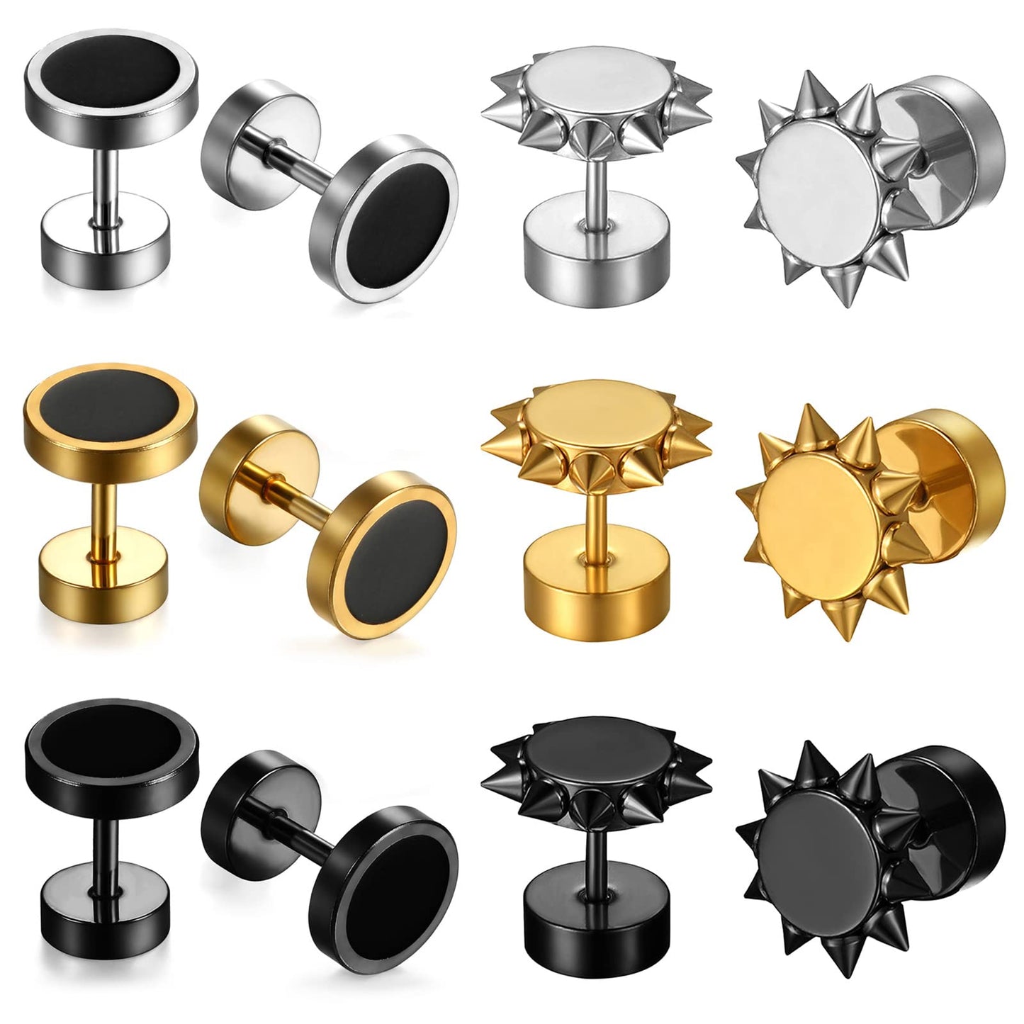Aroncent 6 Pairs Stud Earrings for Men Fake Gauges Fake Earrings Stainless Steel Spike Stud Earrings Set Black Gold