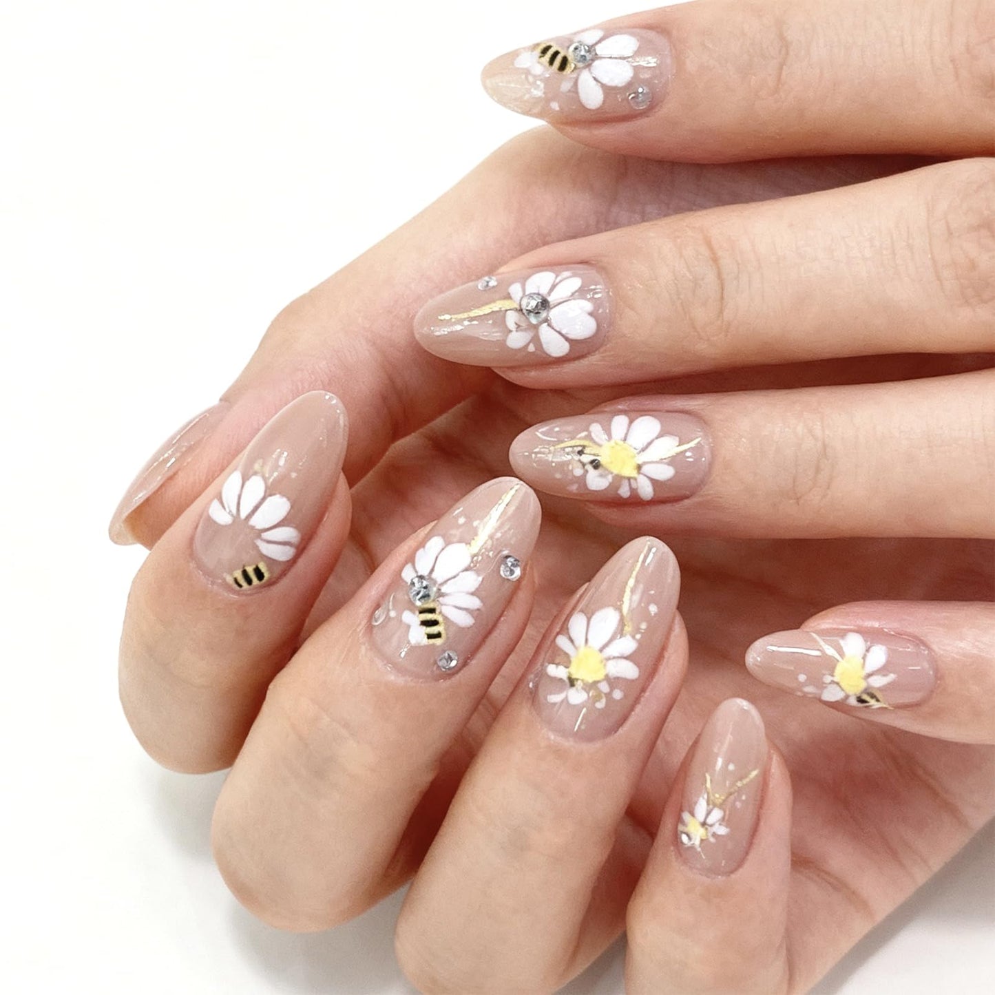 Bee Press on Nails Medium Almond Fake Nails with Designs Daisy Stick on Nail Cute Acrylic False Nail Rhinestone Artificial Nail Press ons Glossy Full Cover Glue on Nails for Women 24Pcs