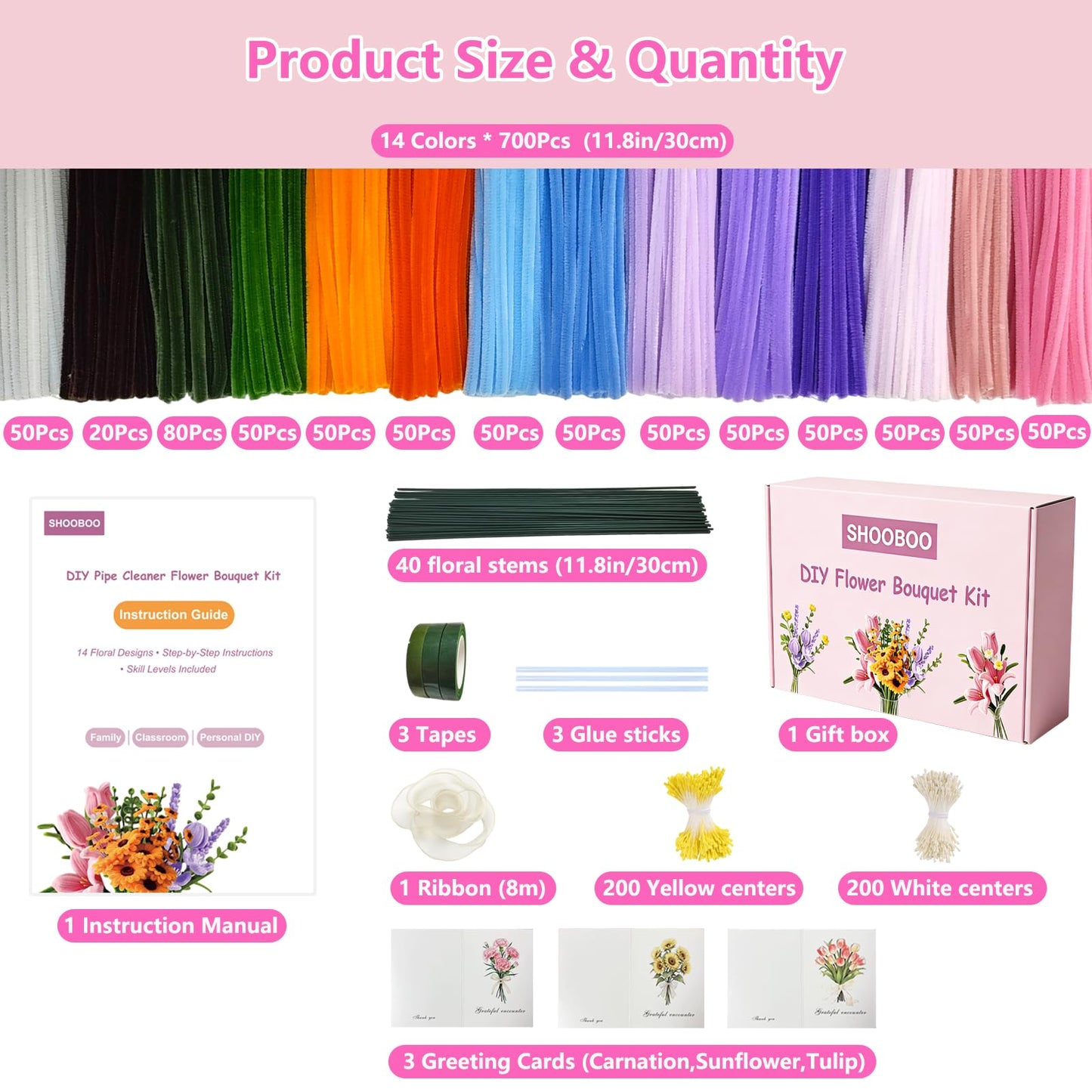 ShooBoo Pipe Cleaner Flower Kit, 700 PCS Pipe Cleaners Craft with 14 Flower Designs Step-by-Step Instruction Guide, 14 Colors Chenille Stems Flower Making Kit with Floral Stems,DIY Craft Supplies