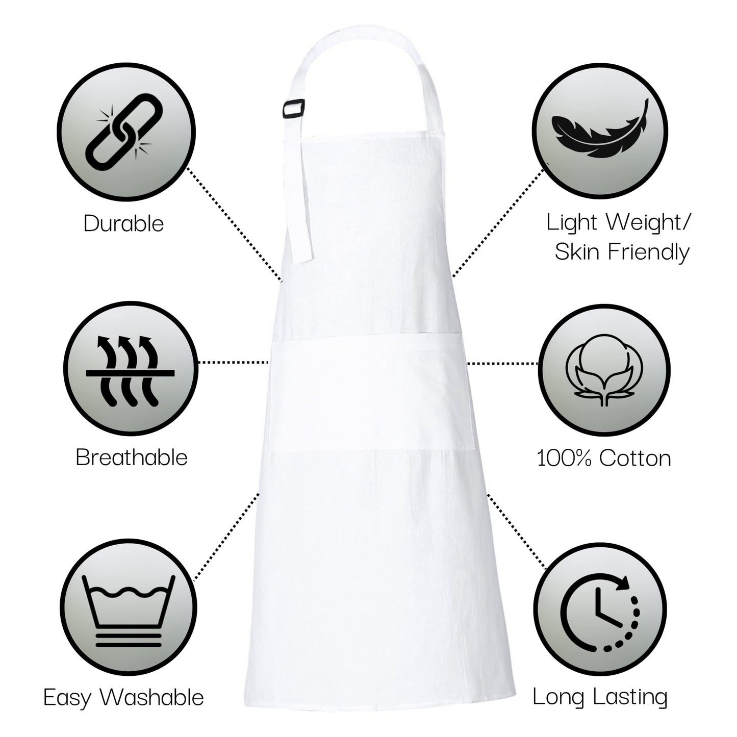 RAJRANG 100% Cotton White Apron with 3 Pockets Chef Restaurant Kitchen BBQ Backing Cooking Painting and Crafting Aprons Pack of 5