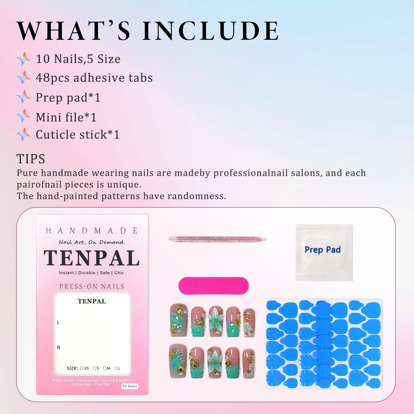 TENPAL Handmade Coffin Press on Nails Medium- Emerald Green Blushing Ombre Fake Nails with 3D Starfish & Shell Design, Coastal Elegance Style Glossy Acrylic Flowers False Nails with Tools(L)