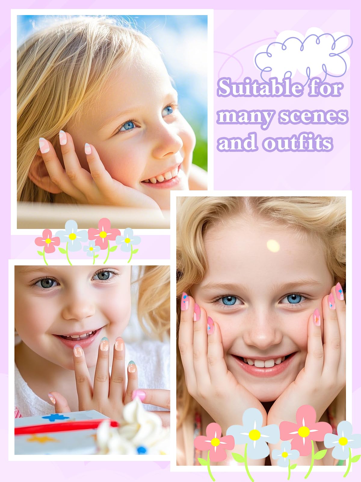 78 Pieces Press on Nails for Kids, EBANKU 3 Pack Kid Fake Pink Star Flower Short Artificial False Nail Kits for Kids Girls 6-12 Years with Nail Glue