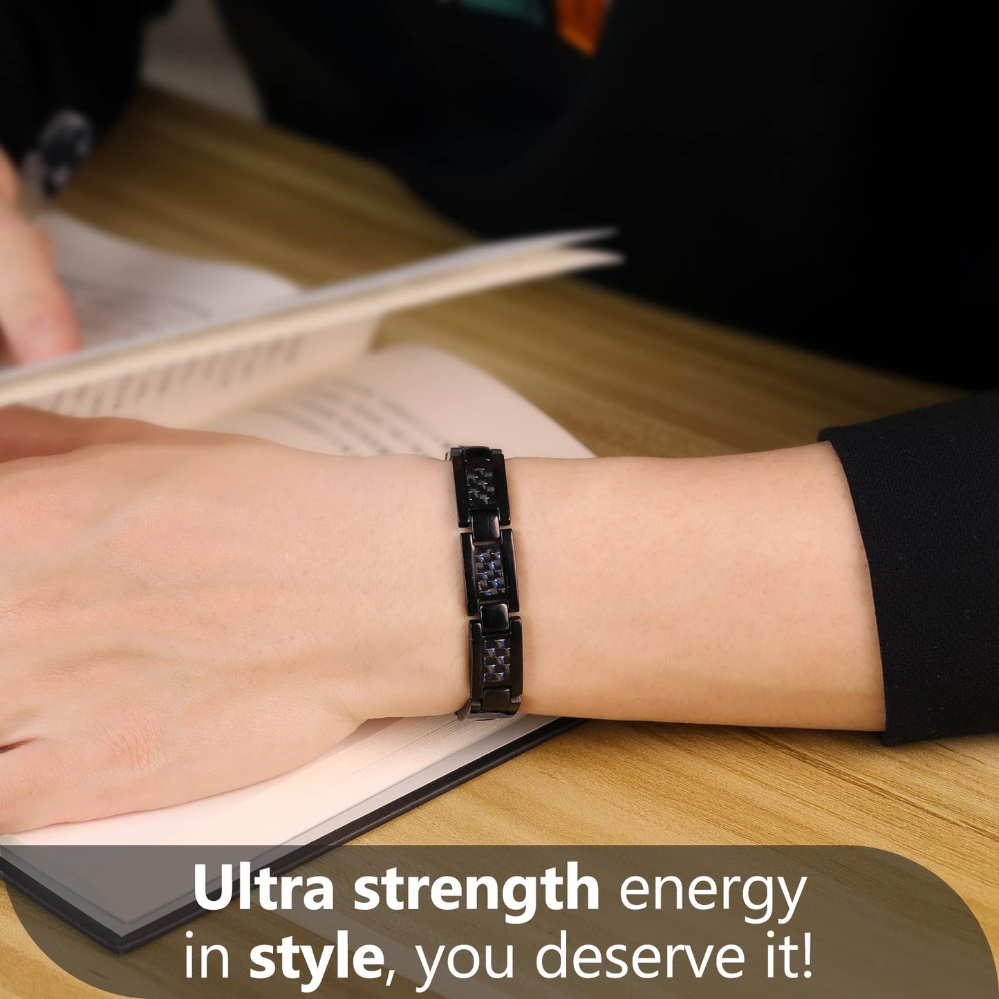 Feraco Magnetic Bracelets for Men, Stainless Steel Magnets Bracelets with Unique Blue Carbon Fiber & 3500 Gauss Powerful Magnets, Adjustable with Sizing Tool
