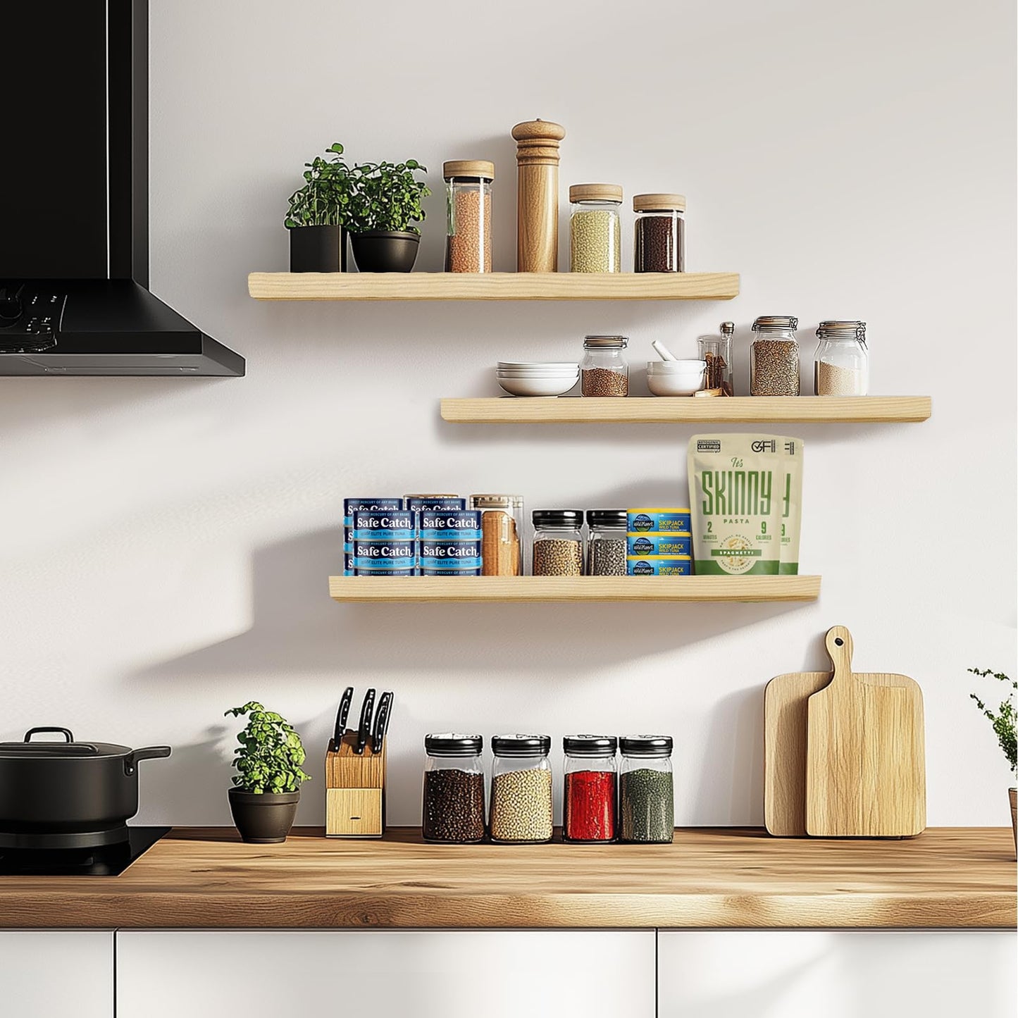 ABSWHLM Floating Wall Shelves 3-Pack - 24-Inch Rustic Wooden Shelves for Storage and Décor, Easy Installation for Living Room, Bedroom, and Kitchen