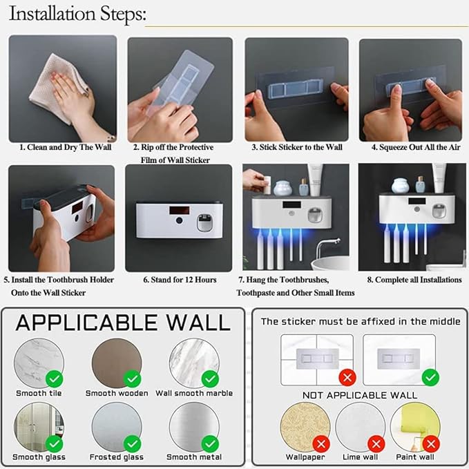 Toothbrush Holders for Bathrooms, Toothbrush Holder Wall Mounted with Toothpaste Dispenser Bathroom Solar Charging and No Drilling Required Tooth Brush Holder with 5 Brush Slots（Gray）