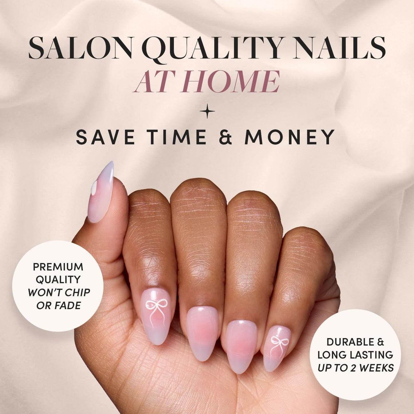 Glamnetic Press-On Nails Bundle - Lovers Knot, Goal Digger & Hailey | Almond Nude Fake Nails with Bow Accents | Natural Round False Nails with Gold Foil | Glazed Short Almond False Nails