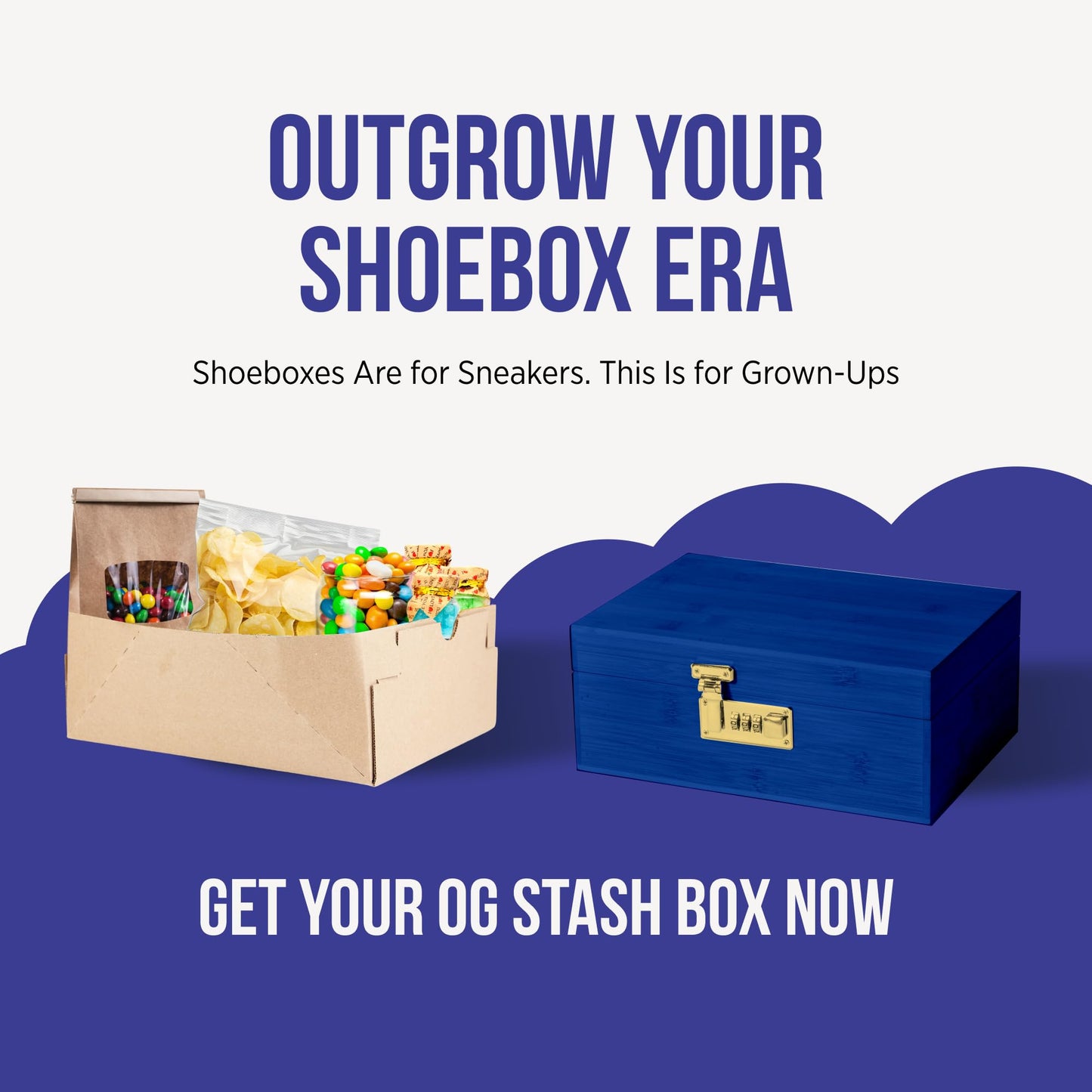 The OG Storage Box - Large Bamboo Box with Combination Lock, Magnetic Lid, Organizer Tray, Airtight Tube and 3 Jars - Discreet Decorative Locking Wooden Box with Accessories (Royal Blue/Gold)