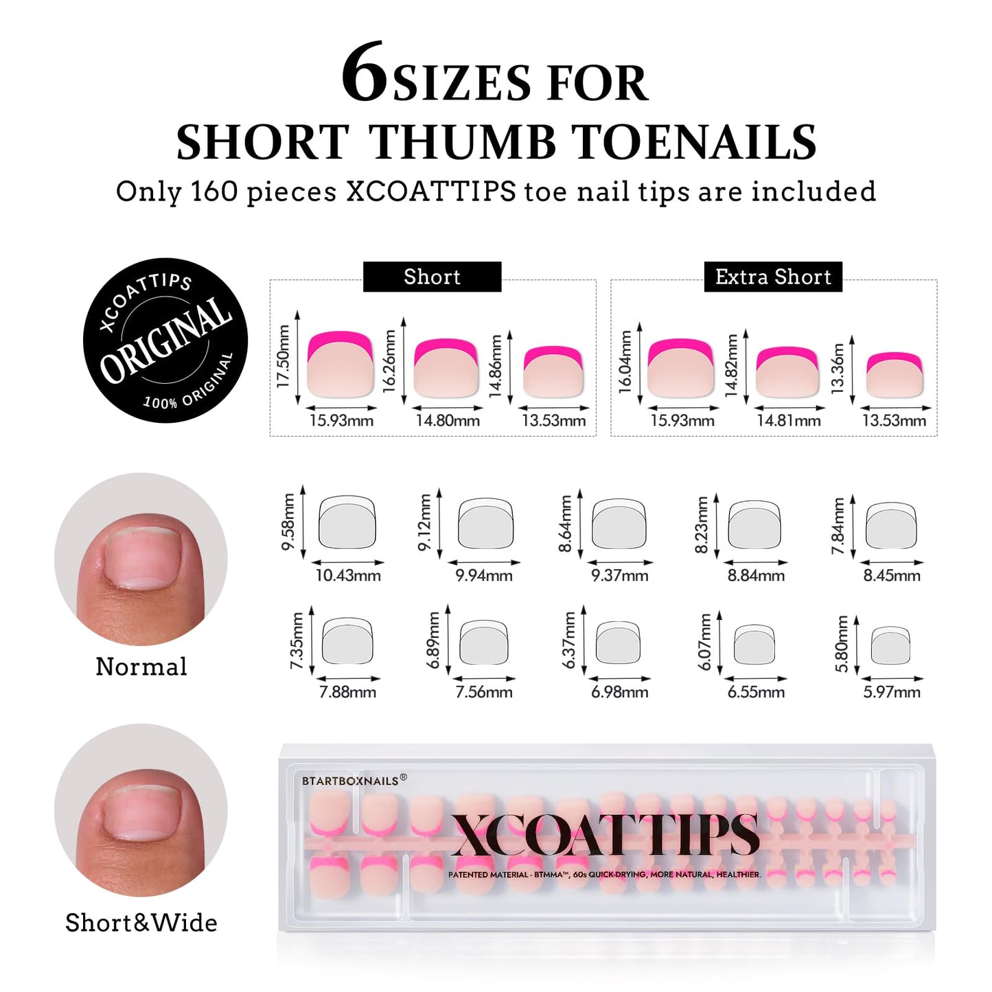 BTArtboxnails XCOATTIPS Toe Nail Tips - Short, Brighter Pastel French Tip Press On Toenails for Women, Soft Gel Toe Nail Press Ons, Soak Off Fake Toenail Extensions - 160pcs