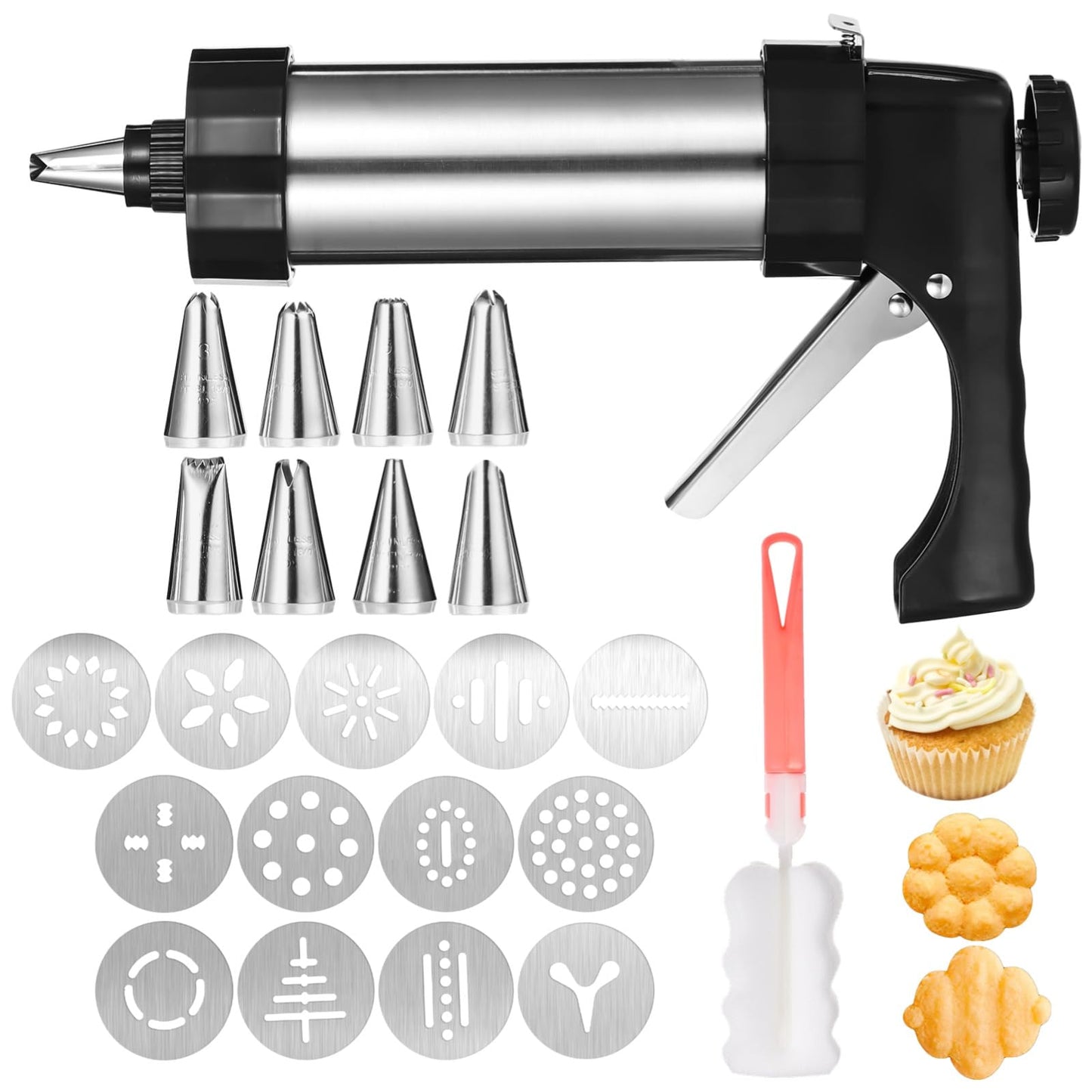 Cookie Press Gun Kit,Stainless Steel Cookie Press for Baking Maker Gun with 13 Discs,8 Piping Tips and Cleaning Brush for DIY Cakes,Dessert