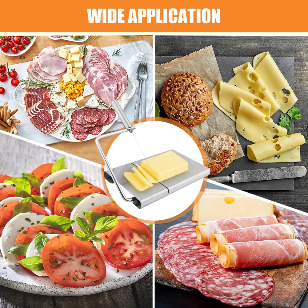homfanseec Stainless Steel Cheese Slicer Cutter, Cheese Slicer with Wire, Adjustable Cheese Cutter Board with 6 Replacement Wires, for Cutting Cheese Butter Vegetables Sausage(silver)