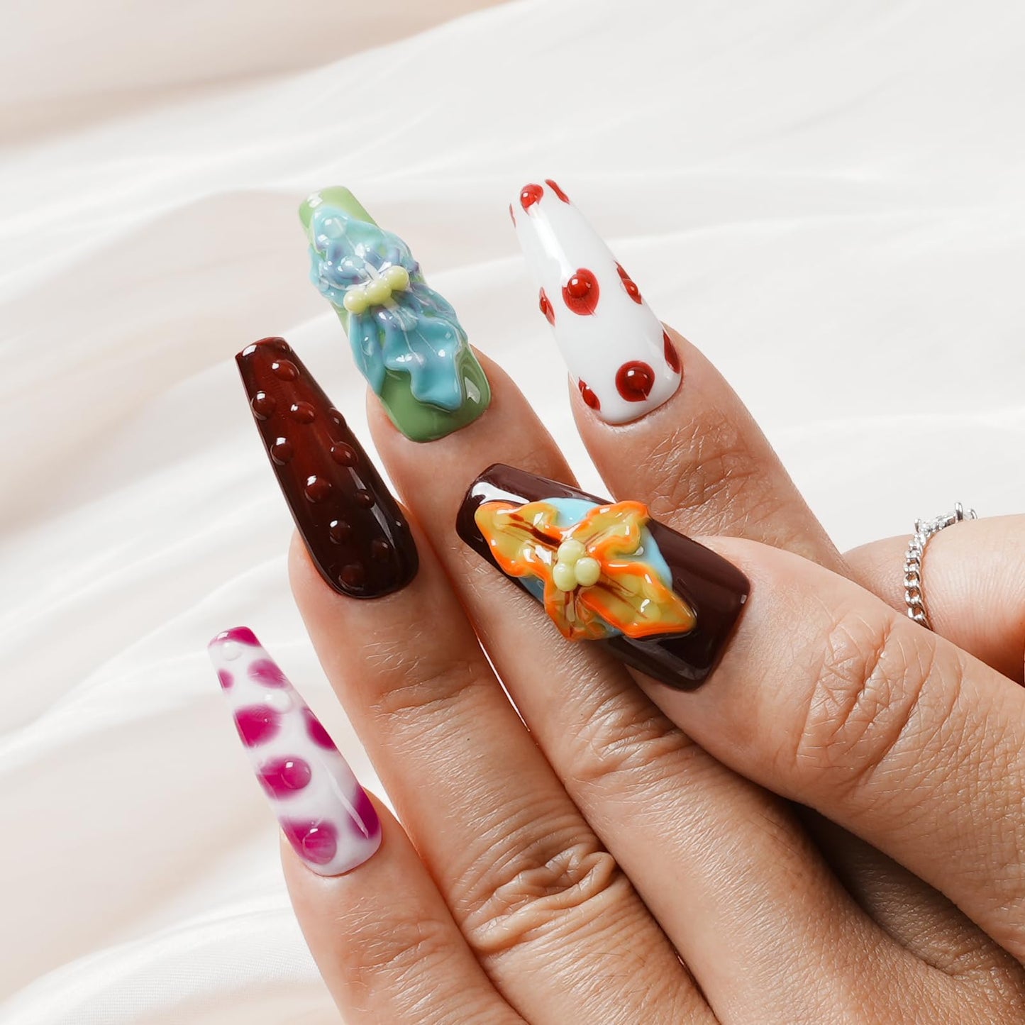 Tesytto Long Coffin Press On Nails with 3D Floral Design - Summer Multicolor Thick Luxury False Nails Reusable Acrylic Nails (Summer Stories,M)