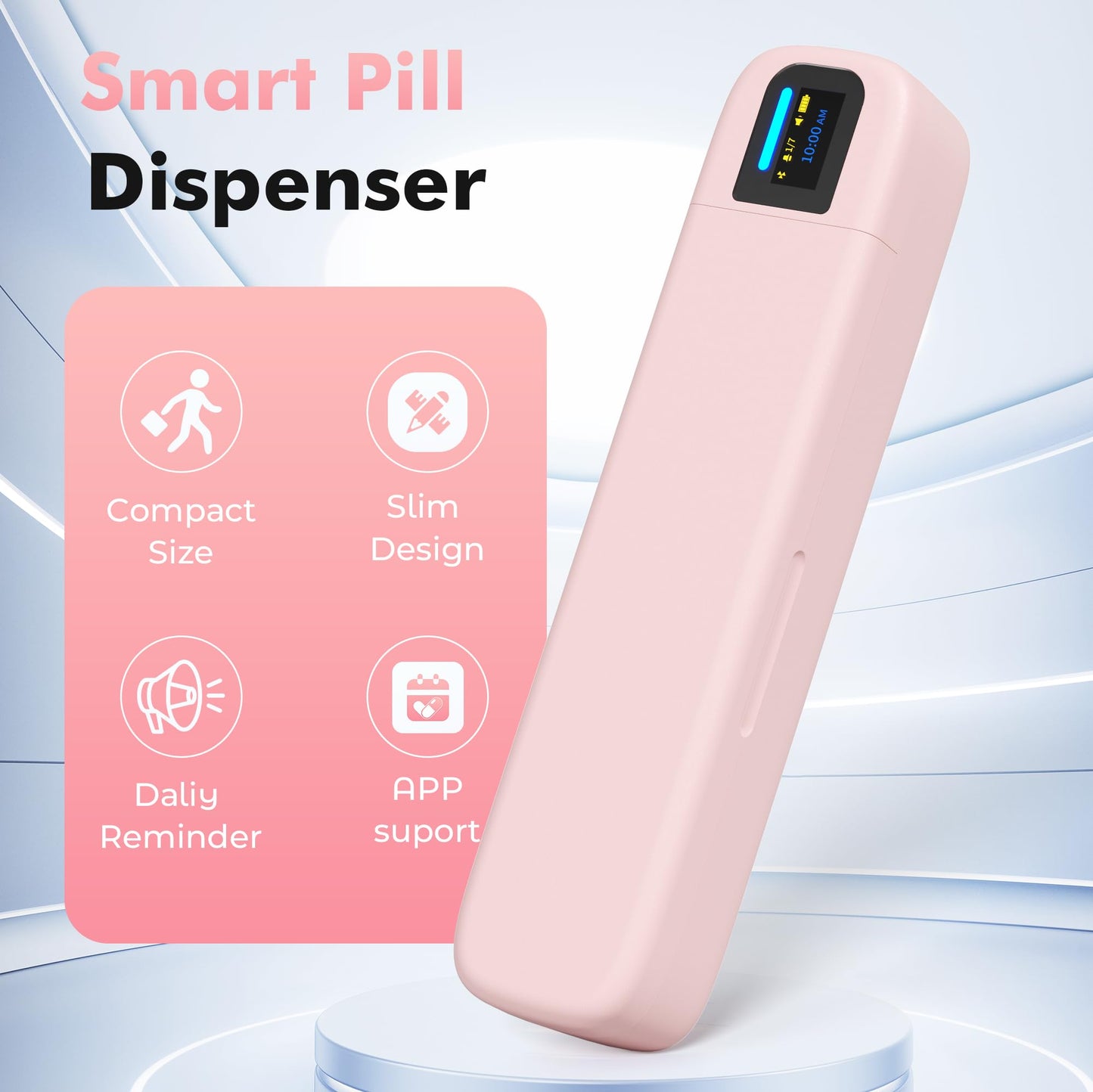 Smart Pill Dispenser with Alarm & Bluetooth, 7-Day Once-Daily Organizer & Travel Case, App-Controlled Medicine/Supplement/Vitamin Reminder, Portable Weekly Pill Box (Pink)