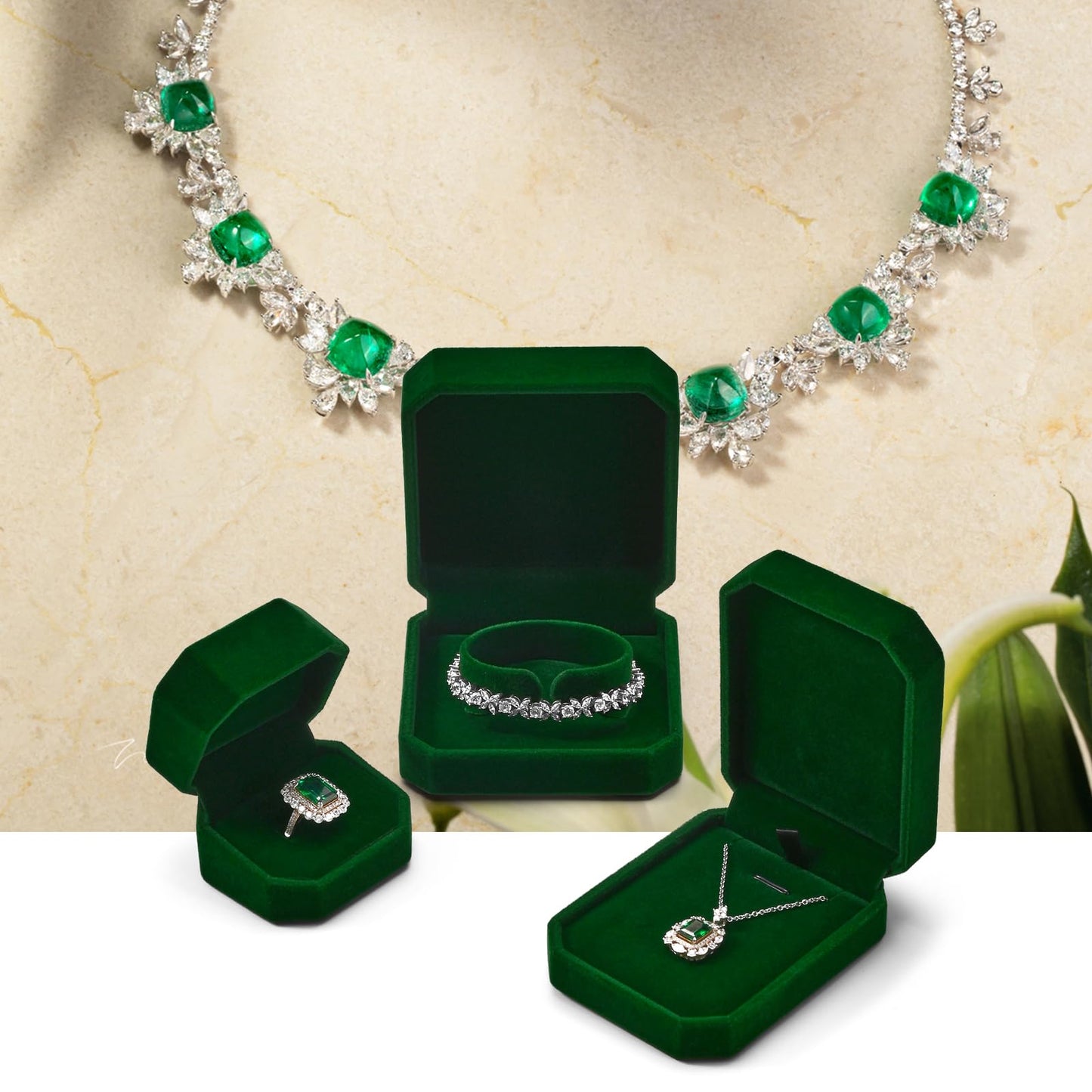Woodten Green Small Necklace Box Velvet Jewelry Gift Box for Pendant Necklace Octagonal Jewelry Pendant Gift Box
