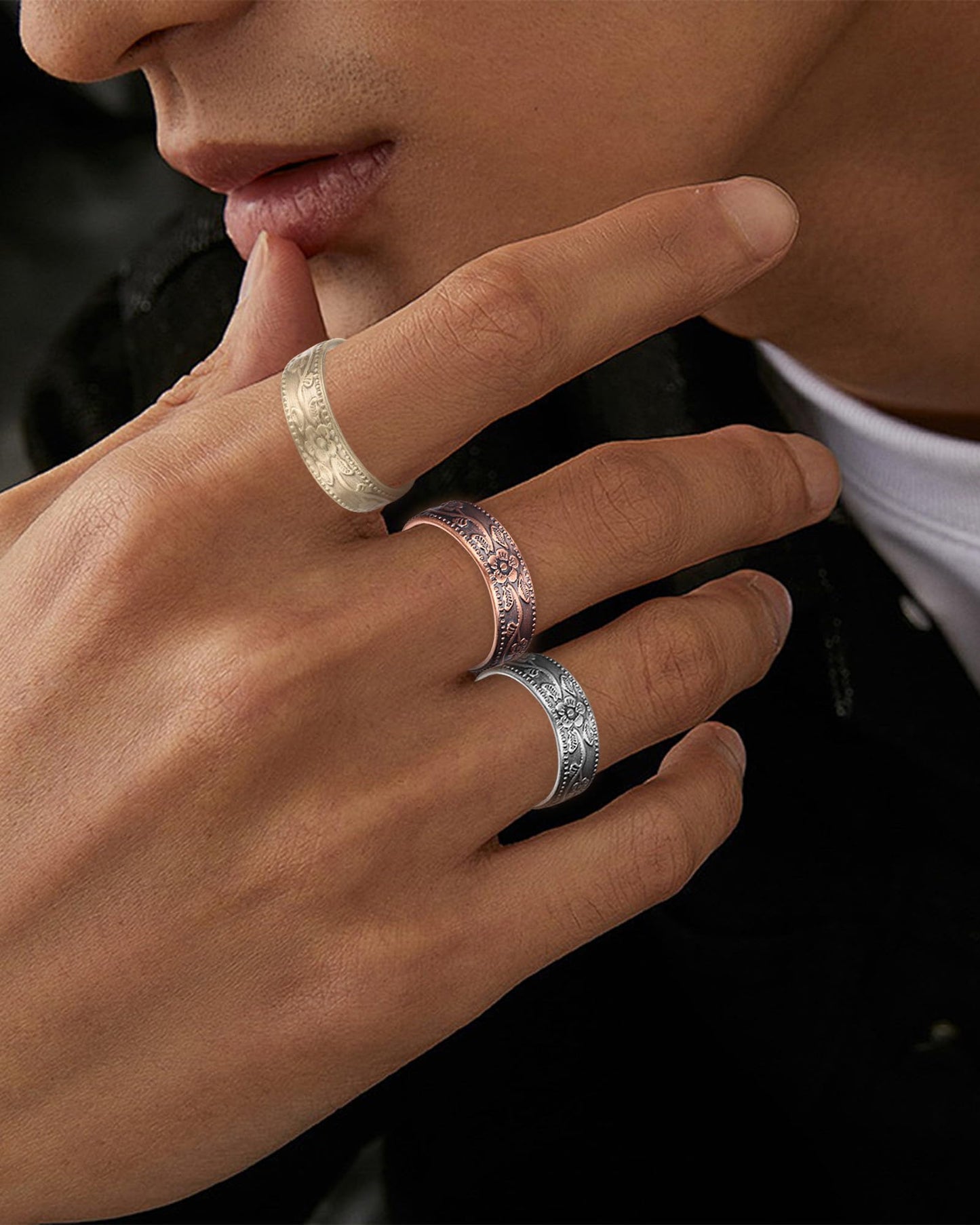 BioMag Magnetic Lymphatic Drainage Ring Set, 3 Pcs 99.99% Pure Copper Rings for Women with 3500 Gauss Magnets, Adjustable Size, Floral Branch and Leaf Pattern