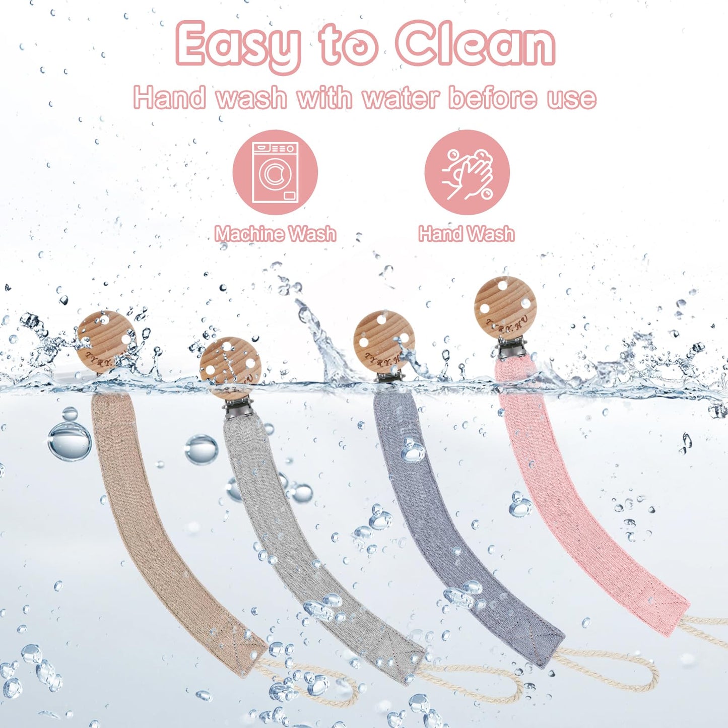 TYRY.HU Ribbon Pacifier Clip Holder,4 Pack Binky Paci Holder Clips, Pacifier Leash for Boys and Girls,Fabric Pacifier Strap Universal Fits for Most Pacifier, Styles & Teethers(Khaki,Grey,Blue,Pink)