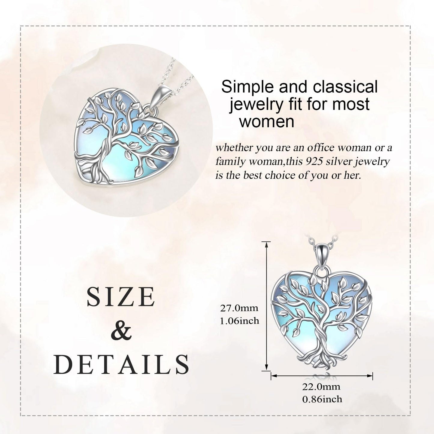 YAFEINI Moonstone Tree of Life Pendant Necklace - 925 Sterling Silver Heart Jewelry for Women