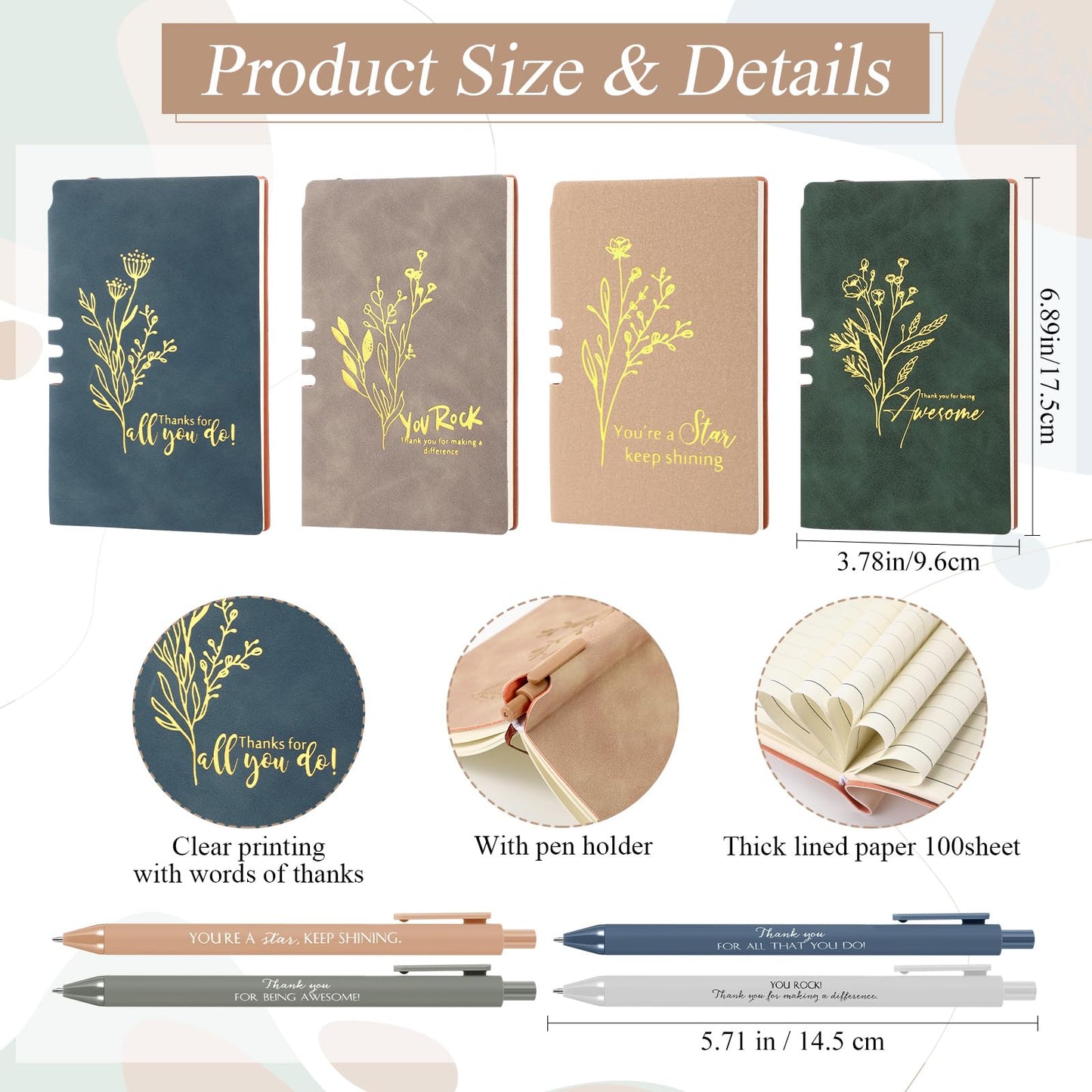 Didaey 4 Sets Employee Appreciation Gifts Set 13oz Boho Floral Ceramics Coffee Mugs with A6 Leather Notebooks Ballpoint Pens Bulk Christmas Thank You Gift for Coworkers Staff Team Nurse