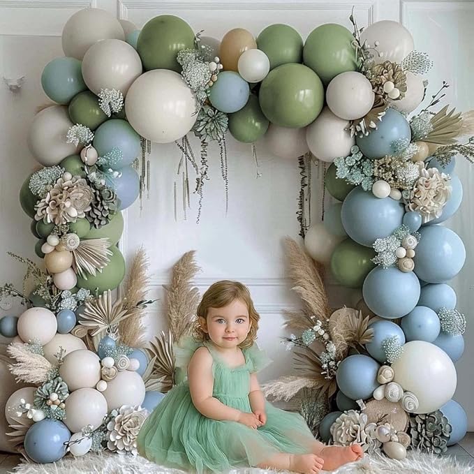 Dusty Blue & Avocado Green Balloon Garland Kit, Double Stuffed – Pastel Blue, Avocado Green & Off-White Latex Balloons for Jungle, Safari & Neutral Birthday