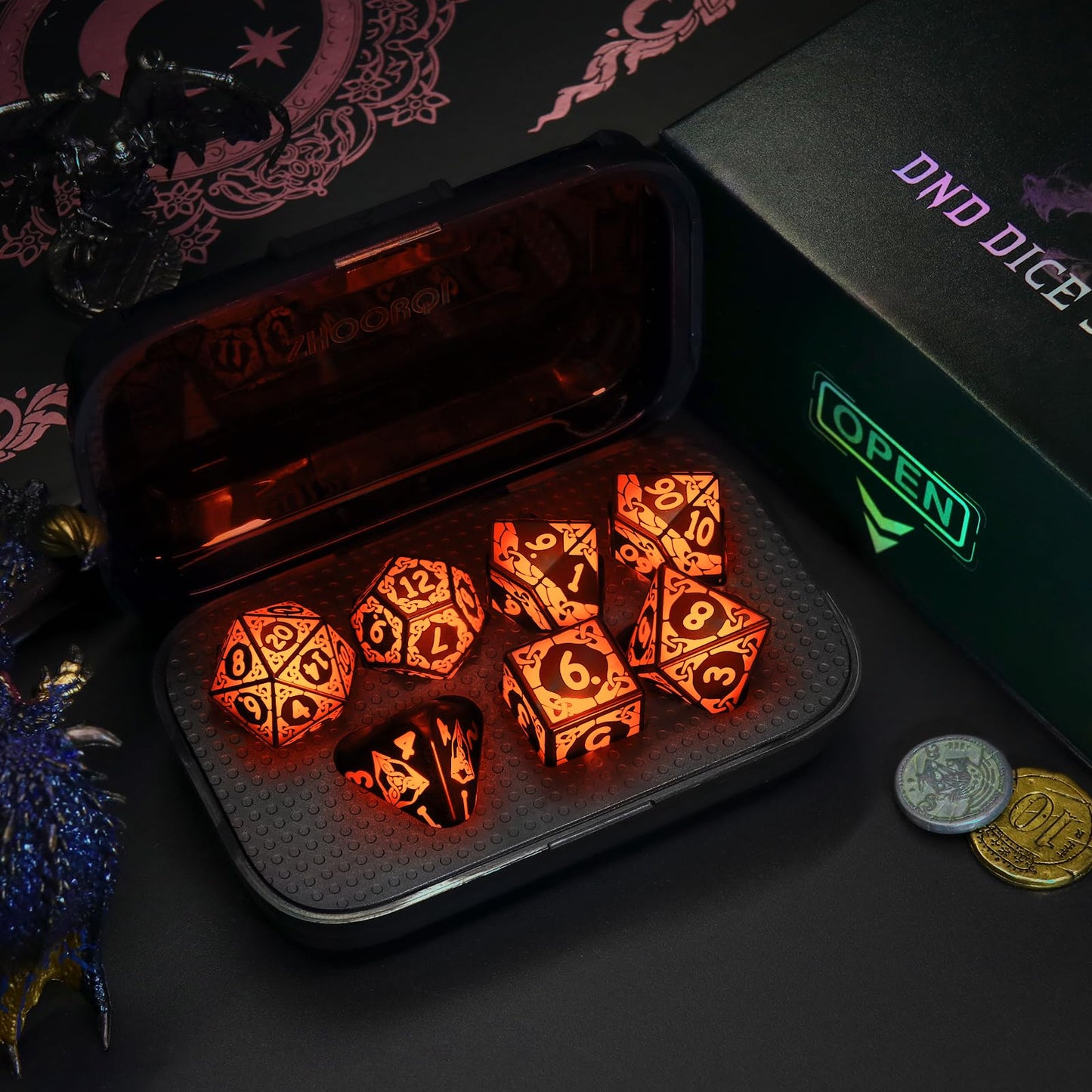LED Dice Set for DND - Magical Glow Light Up Dice, Rechargeable Polyhedral Dice, Wireless Charging Case & Full 7-Die Set, for D and D RPG Games (Orange)