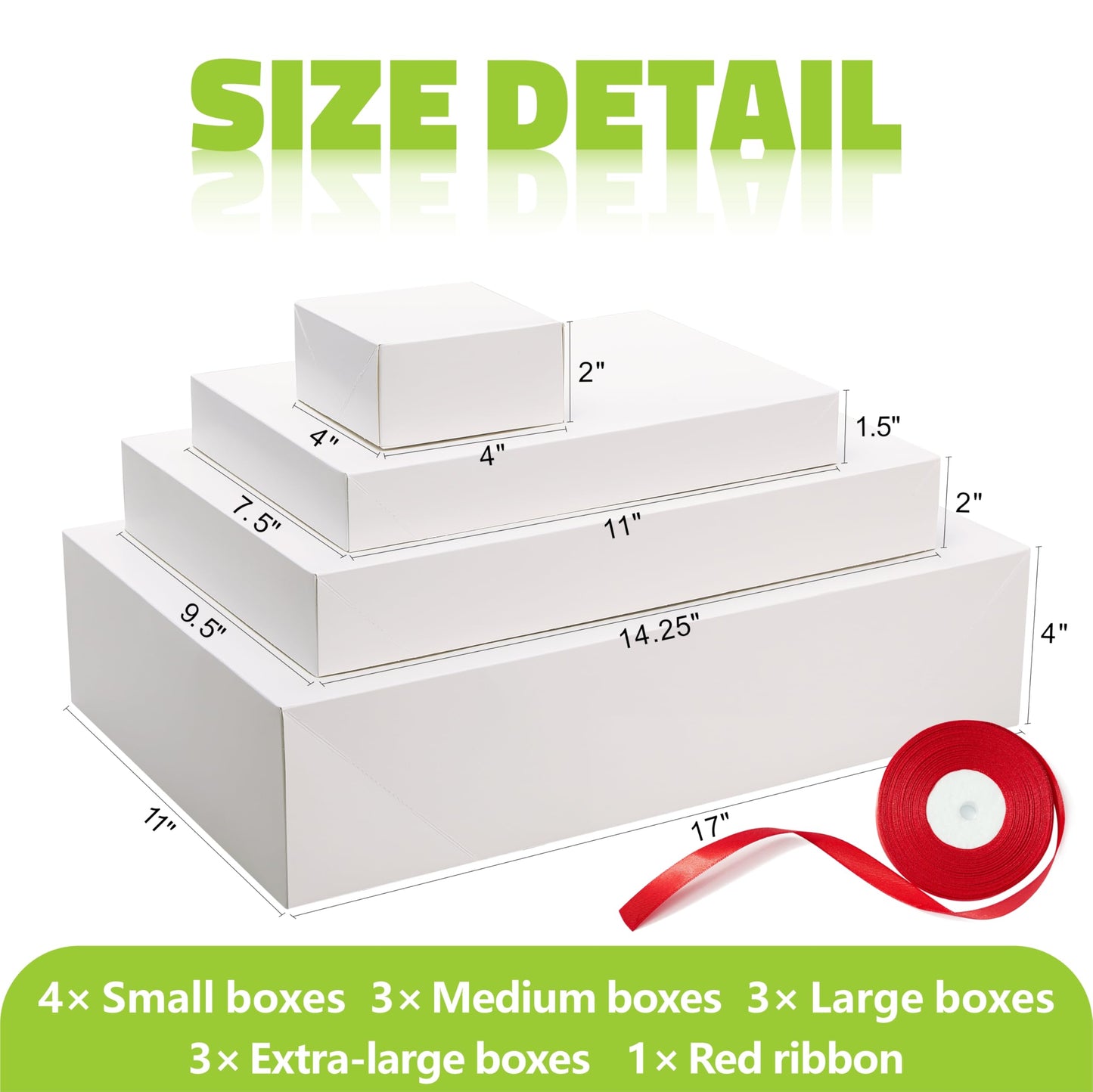 Bobobag 13 Pack White Gift Boxes with Lids for Presents, Assorted size Gift Boxes for Christmas ( 3 Extra large 17",3 Large 14.25",3 Medium 11",4 Small 4" ,Red Ribbon ), 4 inch Deep Box for Wrapping Robe Scarf Mug.